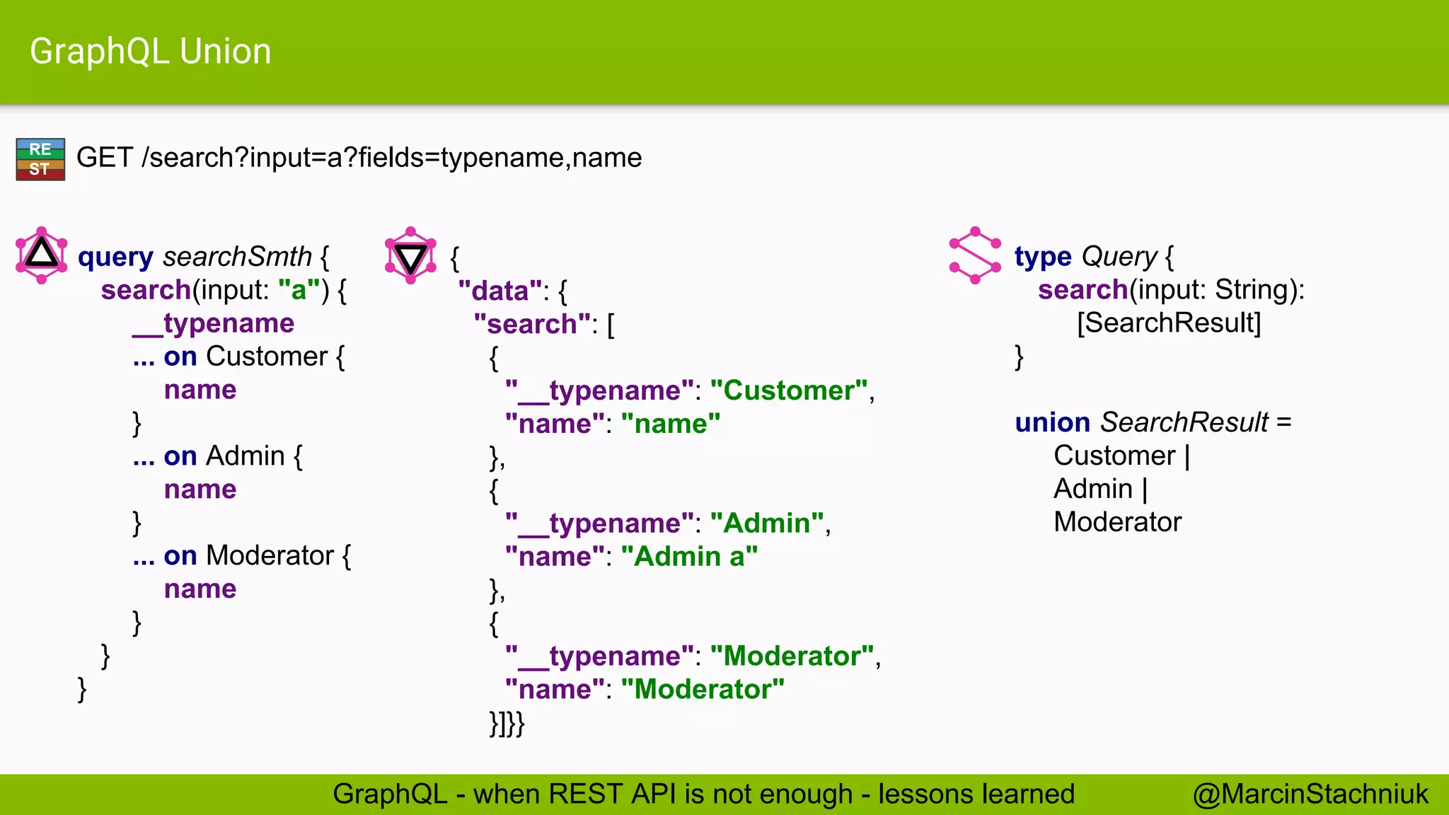 GraphQL Union GET /search?input=a?fields=typename,name type Query { search(input: String): [SearchResult] } union SearchResult = Customer | Admin | Moderator { "data": { "search": [ { "__typename": "Customer", "name": "name" }, { "__typename": "Admin", "name": "Admin a" }, { "__typename": "Moderator", "name": "Moderator" }]}} query searchSmth { search(input: "a") { __typename ... on Customer { name } ... on Admin { name } ... on Moderator { name } } } RE ST @MarcinStachniukGraphQL - when REST API is not enough - lessons learned 