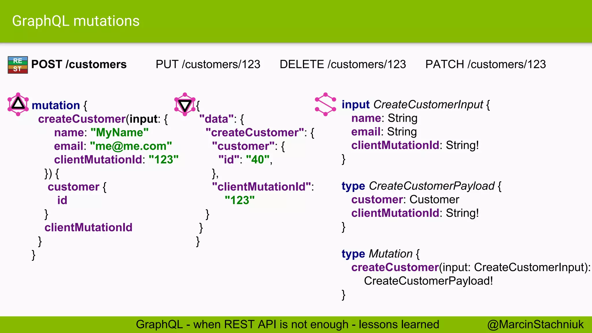 GraphQL mutations input CreateCustomerInput { name: String email: String clientMutationId: String! } type CreateCustomerPayload { customer: Customer clientMutationId: String! } type Mutation { createCustomer(input: CreateCustomerInput): CreateCustomerPayload! } { "data": { "createCustomer": { "customer": { "id": "40", }, "clientMutationId": "123" } } } POST /customers PUT /customers/123 DELETE /customers/123 PATCH /customers/123 mutation { createCustomer(input: { name: "MyName" email: "me@me.com" clientMutationId: "123" }) { customer { id } clientMutationId } } RE ST @MarcinStachniukGraphQL - when REST API is not enough - lessons learned 
