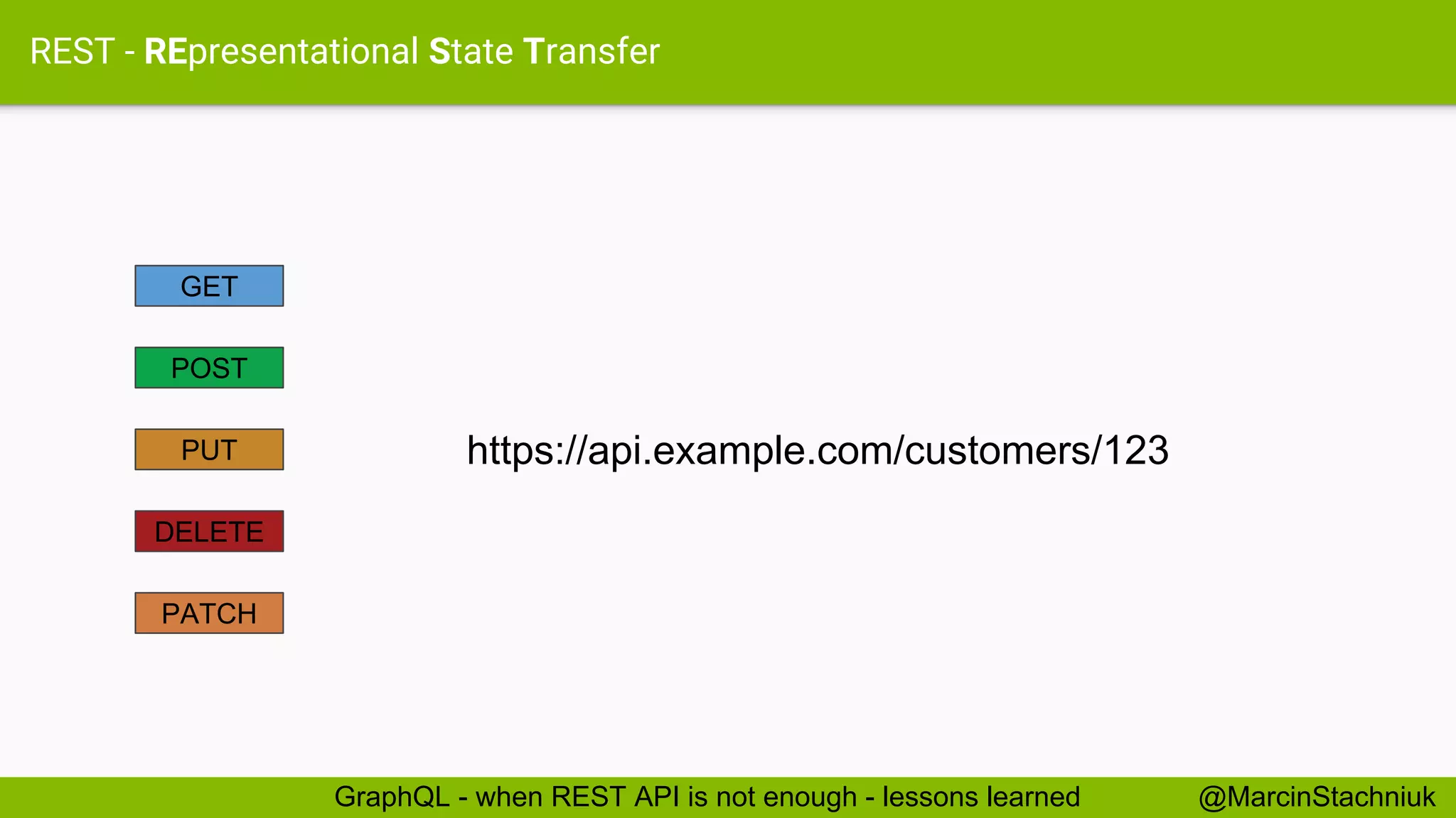 REST - REpresentational State Transfer https://api.example.com/customers/123 DELETE PUT POST GET PATCH @MarcinStachniukGraphQL - when REST API is not enough - lessons learned 