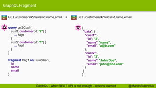 GraphQL Fragment
GET /customers/2?fields=id,name,email +
{
"data": {
"cust1": {
"id": "2",
"name": "name",
"email": "a@b.com"
},
"cust2": {
"id": "3",
"name": "John Doe",
"email": "john@doe.com"
}
}
}
query get2Cust {
cust1: customer(id: "2") {
... frag1
}
cust2: customer(id: "3") {
... frag1
}
}
fragment frag1 on Customer {
id
name
email
}
RE
ST
@MarcinStachniukGraphQL - when REST API is not enough - lessons learned
GET /customers/3?fields=id,name,emailRE
ST
 