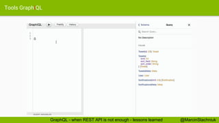 Tools GraphiQL
@MarcinStachniukGraphQL - when REST API is not enough - lessons learned
 
