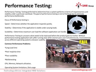 Performance Testing:
Performance Testing: Testing performed to determine how a system performs in terms of responsiveness and
stability under a particular workload. The goal of performance testing is not to find bugs but to eliminate
performance bottlenecks.
Focus of Performance testing is:
Speed – Determines whether the application responds quickly.
Stability – Determines if the application is stable under varying loads.
Scalability – Determines maximum user load the software application can handle.
Performance Testing to uncovers what needs to be improved before the product goes to market. Without
performance testing application will suffer running slow while several users use it simultaneously, inconsistencies
across different operating systems and poor usability.
Common Performance Problems:

Long Load time

Poor response time

Poor scalability

Bottlenecking
CPU, Memory, Network utilization,
Operating System limitations, Disk usage
 