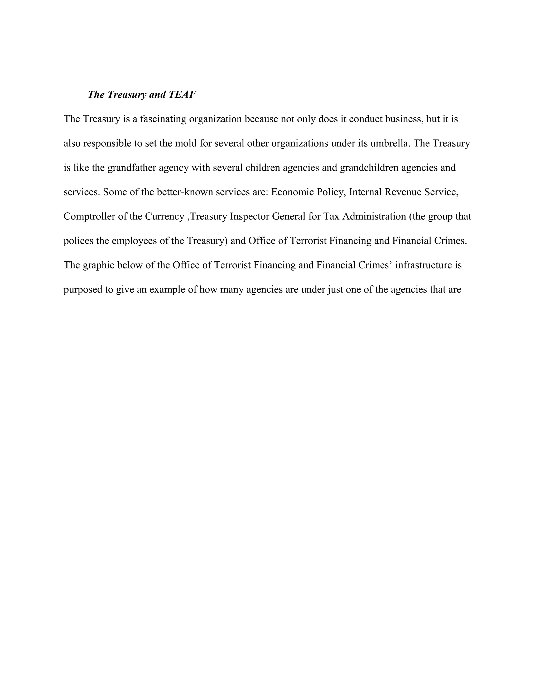The Treasury and TEAF
The Treasury is a fascinating organization because not only does it conduct business, but it is
also responsible to set the mold for several other organizations under its umbrella. The Treasury
is like the grandfather agency with several children agencies and grandchildren agencies and
services. Some of the better-known services are: Economic Policy, Internal Revenue Service,
Comptroller of the Currency ,Treasury Inspector General for Tax Administration (the group that
polices the employees of the Treasury) and Office of Terrorist Financing and Financial Crimes.
The graphic below of the Office of Terrorist Financing and Financial Crimes’ infrastructure is
purposed to give an example of how many agencies are under just one of the agencies that are
 