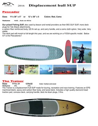 2016 Displacement hull SUP
Pescador
Sizes 11’x 36” x 5” or 12’ x 36” x 5 Colors: Red, Camo
Volume HUGE ….floats over 400 lbs
Our prized Fishing SUP, also used by lesson and rental providers as their BIG GUY SUP, more deck
plugs for Yak Attack attachments,
a carbon fiber reinforced body, Q5 fin set up, and carry handle, and a camo cloth option, Very wide, Very
stable.
The deck pad will morph to full length this year, and we are working on a YOGA specific model. Below
GT is the Pescadores !
The Trainer
Sizes 11’6 x 31 12‘6x32 Color: Carbon and wood
Volume 245L 270L
The Trainer is a displacement hull SUP made for touring, recreation and race training. Features an EPS
machined blank, epoxy and carbon fiber body, and wood deck. Includes a high quality diamond tread
traction pad, concave deck, carrying handle, deck tie down plugs, 3 fins.
 