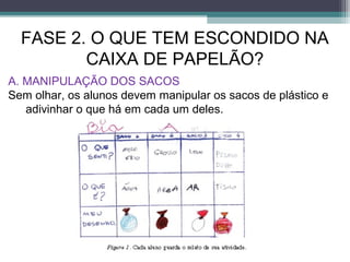 FASE 2. O QUE TEM ESCONDIDO NA
CAIXA DE PAPELÃO?
A. MANIPULAÇÃO DOS SACOS
Sem olhar, os alunos devem manipular os sacos de plástico e
adivinhar o que há em cada um deles.
 