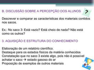 B. DISCUSSÃO SOBRE A PERCEPÇÃO DOS ALUNOS
Descrever e comparar as características dos materiais contidos
nos sacos.
Ex.: No saco 3: Está vazio? Está cheio de nada? Não está
como os outros?
3. AQUISIÇÃO E ESTRUTURA DO CONHECIMENTO
Elaboração de um relatório científico.
Destaque para os estados físicos da matéria conhecidos
Constatação que no saco 3 existe algo, pois não é possível
achatar o saco  estado gasoso do ar
Proposição de exemplos de outros materiais
?
 