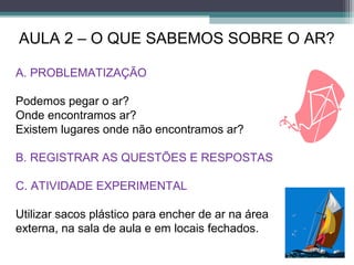 AULA 2 – O QUE SABEMOS SOBRE O AR?
A. PROBLEMATIZAÇÃO
Podemos pegar o ar?
Onde encontramos ar?
Existem lugares onde não encontramos ar?
B. REGISTRAR AS QUESTÕES E RESPOSTAS
C. ATIVIDADE EXPERIMENTAL
Utilizar sacos plástico para encher de ar na área
externa, na sala de aula e em locais fechados.
 