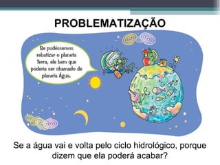 PROBLEMATIZAÇÃO
Se a água vai e volta pelo ciclo hidrológico, porque
dizem que ela poderá acabar?
 