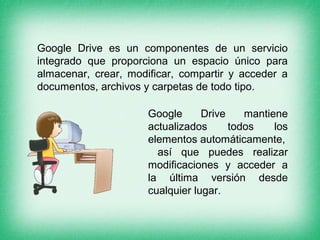 Google Drive es un componentes de un servicio 
integrado que proporciona un espacio único para 
almacenar, crear, modificar, compartir y acceder a 
documentos, archivos y carpetas de todo tipo. 
Google Drive mantiene 
actualizados todos los 
elementos automáticamente, 
así que puedes realizar 
modificaciones y acceder a 
la última versión desde 
cualquier lugar. 
 