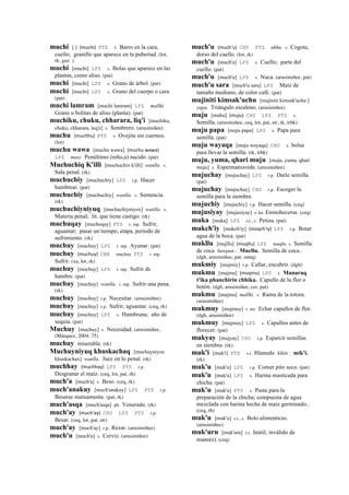 muchi [ ] (muchi)	
  	
  PTS s. Barro en la cara,
cuello; granillo que aparece en la pubertad. (lot,
rk, guz )
muchi [muchi] LPZ s. Bolas que aparece en las
plantas, como aliso. (pat)
muchi [muchi] LPZ s. Grano de árbol. (pat)
muchi [muchi] LPZ s. Grano del cuerpo o cara.
(pat)
muchi lamram [muchi lamram] LPZ mallki.
Grano o bolitas de aliso (planta). (pat)
muchiku, chuku, chharara, liq'i [muchiku,
chuku, chharara, leq'e] s. Sombrero. (arusimiñee)
muchu (muchhu)	
  	
  PTS s. Ovejita sin cuernos.
(lot)
muchu wawa [muchu wawa] (muchu	
  wawa)	
  	
  
LPZ masi. Penúltimo (niño,a) nacido. (pat)
Muchuchiq K'illi [muchuchix k'illi] wanlla. s.
Sala penal. (rk)
muchuchiy [muchuchiy] LPZ r.p. Hacer
hambrear. (pat)
muchuchiy [muchuchiy] wanlla. s. Sentencia.
(rk)
muchuchiyniyuq [muchuchiyniyox] wanlla. s.
Materia penal; lit. que tiene castigo. (rk)
muchuqay [muchoqay] PTS r. mp. Sufrir,
aguantar; pasar un tiempo, etapa, período de
sufrimiento. (rk)
muchuy [muchuy] LPZ r. mp. Ayunar. (pat)
muchuy (muchuy)	
  	
  CBB muchuy PTS r. mp.
Sufrir. (xa, lot, rk)
muchuy [muchuy] LPZ r. mp. Sufrir de
hambre. (pat)
muchuy [muchuy] wanlla. r. mp. Sufrir una pena.
(rk)
muchuy [muchuy] r.p. Necesitar. (arusimiñee)
muchuy [muchuy] r.p. Sufrir, aguantar. (ceq, rk)
muchuy [muchuy] LPZ s. Hambruna; año de
sequía. (pat)
Muchuy [muchuy] s. Necesidad. (arusimiñee,
(Márquez, 2004: 75)
muchuy miserable. (rk)
Muchuyniyuq khuskachaq [muchuyniyox
khuskachax] wanlla. Juez en lo penal. (rk)
muchhay (muchhay)	
  	
  LPZ PTS r.p.
Desgranar el maíz. (ceq, lot, pat, rh)
much'a [much'a] s. Beso. (ceq, rk)
much'anakuy [much'anakuy] LPZ PTS r.p.
Besarse mutuamente. (pat, rk)
much'asqa [much'asqa] ph. Venerado. (rk)
much'ay (much'ay)	
  	
  CHU LPZ PTS r.p.
Besar. (ceq, lot, pat, str)
much'ay [much'ay] r.p. Rezar. (arusimiñee)
much'u [much'u] s. Cerviz. (arusimiñee)
much'u (much'u)	
  	
  CHU PTS ukhu. s. Cogote,
dorso del cuello. (lot, rk)
much'u [much'u] LPZ s. Cuello; parte del
cuello. (pat)
much'u [much'u] LPZ s. Nuca. (arusimiñee, pat)
much'u sara [much'u sara] LPZ Maíz de
tamaño mediano, de color café. (pat)
mujiniti kimsak'uchu [mujiniti kimsak'uchu ]
yupa. Triángulo escaleno. (arusimiñee)
muju [muhu] (muju)	
  	
  CHU LPZ PTS s.
Semilla. (arusimiñee, ceq, lot, pat, str, rk, trbk)
muju papa [muju papa] LPZ s. Papa para
semilla. (pat)
muju wayaqa [muju wayaqa] CHU s. bolsa
para llevar la semilla. (rk, trbk)
muju, yuma, qhari muju [muju, yuma, qhari
muju] s. Espermatozoide. (arusimiñee)
mujuchay [mujuchay] LPZ r.p. Darle semilla.
(pat)
mujuchay [mujuchay] CHU r.p. Escoger la
semilla para la siembra.
mujuchiy [mujuchiy] r.p. Hacer semilla. (ceq)
mujusiyay [mujusiyay] r. ku Enmohecerse. (ceq)
muka [muka] LPZ s.t., s. Petiza. (pat)
mukch'iy [mukch'iy] (moqch'iy)	
  	
  LPZ r.p. Botar
agua de la boca. (pat)
mukllu [mujllu] (muqllu)	
  	
  LPZ muqllu s. Semilla
de coca ñawpan : Mucllu. Semilla de coca..
(dgh, arusimiñee, pat, smtq)
mukmiy [mujmiy] r.p. Callar, encubrir. (dgh)
mukmu [mujmu] (muqmu)	
  	
  LPZ s. Manaraq
t'ika phanchirin chhika. Capullo de la flor o
botón. (dgh, arusimiñee, cer, pat)
mukmu [mujmu] mallki. s. Rama de la totora.
(arusimiñee)
mukmuy [mujmuy] r. mr. Echar capullos de flor.
(dgh, arusimiñee)
mukmuy [mujmuy] LPZ s. Capullos antes de
florecer. (pat)
mukyay [mujyay] CHU r.p. Esparcir semillas
en siembra. (rk)
muk'i [muk'i] PTS s.t. Húmedo kikin : mik'i.
(rk)
muk'u [muk'u] LPZ r.p. Comer pito seco. (pat)
muk'u [muk'u] LPZ s. Harina masticada para
chicha. (pat)
muk'u [muk'u] PTS s. Pasta para la
preparación de la chicha; compuesta de agua
mezclada con harina hecha de maíz germinado..
(ceq, rh)
muk'u [muk'u] s.t., s. Bolo alimenticio.
(arusimiñee)
muk'uru [muk'uru] s.t. Inútil, inválido de
mano(s). (ceq)
 