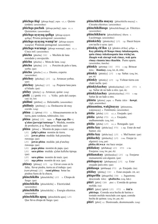 phichqa ñiqi [phisqa ñeqe] yupa. s.t., s. Quinto
(orden). (arusimiñee)
phichqa pachak [phisqa pachaj] yupa. s.t., s.
Quinientos. (arusimiñee)
phichqa uyayuq qullqa [phisqa uyayox
qollqa] Prisma pentagonal. (arusimiñee)
phichqa uyayuq wamp'ar [phisqa uyayox
wamp'ar] Pirámide pentagonal. (arusimiñee)
phichqa waranqa [phisqa waranqa] yupa. s.t., s.
Cinco mil. (arusimiñee)
phichu [phichu] CHU s. Mechón de lana
enredado y envejecido.
phichu [phichu] s. Mota de lana. (ceq)
phichu [phichu] LPZ s. Porción de pelo o lana,
yerba. (pat)
phichu [phichu ] s.t., s. Diestro, experto.
(arusimiñee)
phichuy [phichuy] LPZ r.p. Arrancar yerbas.
(pat)
phichuy [phichuy] LPZ r.p. Preparar lana para
el hilado. (pat)
philay [phelay] r.p. Arrancar, quitar. (ceq)
philli [ ] (philli)	
  	
  PTS s. Vello; pelo del cuerpo.
(aul, lai, lot)
phillmi [phillmi] s.t. Deleznable. (arusimiñee)
phillmiy [phillmiy] r. ku Deshacerse de muy
cocido. (ceq)
phina [ ] (phina)	
  	
  PTS s. Almacenamiento en la
tierra, para verduras, tubérculos. (lot)
phina [phina] LPZ tupu. s. Papa uqa illa ~;
q'alan (jarra)pi tantasqa *. Medida, montón
de productos, p ej. Papa cosechada. (pat)
phina [phina] s. Montón de papa o maíz. (ceq)
LPZ jallp'a phina montón de tierra.
LPZ jawas phina medida: huk pzunchay
ruwasqa. (pat)
LPZ jawas phina medida: juk p'unchay
ruwasqa. (pat)
LPZ papa phina montón de papa. (pat)
LPZ sara phina medida: q'alan kallcha tipisqa.
(pat)
LPZ sara phina montón de maíz. (pat)
LPZ uqa phina montón de oca. (pat)
phinay [phinay] LPZ r.p. Llevar cosas en la
falta; llevar piedra, tierra en el trabajo. (pat)
(rumi	
  phinay)	
  	
  LPZ rumi phinay botar las
piedras fuera de la chacra.
phinchikilla [phinchikilla] LPZ s. Chispa de
fuego. (pat)
phinchikilla [phinchikilla] s. Electricidad.
(arusimiñee)
phinchikilla [phinchikilla] s. Energía eléctrica.
(arusimiñee)
phinchikilla apaq [phinchikilla apax] LPZ
Que lleva chispa de fuego. (pat)
phinchikilla muyuy [phinchikilla muyuy] s.
Circuito eléctrico. (arusimiñee)
phinchikillasqa [phinchikillasqa] ph. Eléctrico.
(arusimiñee)
phinchikhuru [phinchikhuru] khuru. s.
Luciérnaga. (arusimiñee)
phinkichiy [phinkichiy] LPZ r.p. Hacer hoyos
con taclla o uysu. (pat)
phinkiq ch'iku (.) [phinkix ch'iku] qillqa. s.
Kay phinkiq ch’ikuqa rimay tukukusqanta,
qutu rimay tukukusqanta ima wichq’an.
Jinapis wak sinrupi wak rimay, wak qutu
rimay rinanta ima rikuchin. Punto aparte.
(arusimiñee, ñancha)
phinkiy (phinkiy)	
  	
  CHU PTS r. mp. Brincar
kikin : thunkuy. (ceq, lot, rh, trbk)
phinkiy [phinkiy] LPZ r. mp. Saltar. (ceq, lot,
pat, rh)
phinkiy [phinkiy] LPZ r.p. Voltear tierra con
chaki taclla. (pat)
phinkiykachay [phinkiykachay] LPZ PTS r.
mp. Saltar de un lado a otro. (pat, rk)
phinkiykachay [phinkiykachay] PTS r. mp.
Saltar de un lado a otro.
phintu [phintu] yupa. s. Punta kikin : ñawpi.
(dgh, arusimiñee)
phinuminu, wakjinayay [phinuminu,
wakjinayay] s. Fenómeno. (arusimiñee)
phiña [phiña] LPZ s.t., s. Enojado. (pat)
phiña (phiña)	
  	
  PTS s.t., s. Enojado;
malhumorado. (ceq, lot)
phiña [phiña] LPZ s.t., s. Renegado. (pat)
phiña kay [phiña kay] PTS r. mp. Estar de mal
humor. (rk)
phiña kay [phiña kay] LPZ s. Mal humor. (pat)
phiñachiy [phiñachiy] LPZ r.wa. Enojar (a
alguien). (ceq, pat)
phiña.chi.wa.n me hace enojar.
phiñakuy (phiñakuy)	
  	
  LPZ PTS r. ku
Enojarse. (ceq, lot, pat, rh)
phiñanakuy [phiñanakuy] LPZ r.p. Enojarse
mutuamente con alguien. (pat)
phiñapayay [phiñapayay] LPZ r.p. Estar
enojado para otro. (pat)
phiñasqa (phiñasqa)	
  	
  PTS ph. Enojado. (lot)
phiñay [phiñay] CHU r. Estar enojado. (rh, str)
phiqarilla [pheqarilla] CBB s. Juguetona;
descocada kikin : qhalincha. (ceq, h&s)
phiri [phiri] CBB phiri s. Comida de quinua
molida. (xa)
phiri [phiri] (phiri)	
  	
  LPZ PTS s. Jak'u
phirisqa. Comida seca hecha de harina o
tostado molido mezclado con agua; comida
hecha de quinua. (ceq, lot, pat, rh)
phiri [phiri] s.t. Destrozado, desmenuzado. (ceq)
 