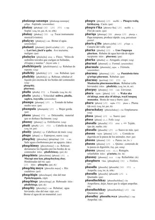 phukusqa sanampa [phukusqa sanampa]
qillqa. Aspirado. (arusimiñee)
phukuy (phukuy)	
  	
  CHU LPZ PTS r. mp.
Soplar. (ceq, lot, pat, rh, str, trbk)
phukuy [phukuy] CHU r.p. Tocar instrumento
musical (vientos).
phukyuy [phukyuy] r.mr. Brotar el agua.
(arusimiñee)
phulunti [phulunti] (jinch'u	
  q'añu)	
  	
  LPZ p'isqu.
s. Lari lari, jinch'u qañu. Ave nocturna,
maligno. (pat)
phuluyku [phuluyku] awa. s. Fleco; "Hilos de
urdimbre torcidos que cuelgan en bufandas,
ch'uspas y mantas.". (laymi salta )
phullchirpariy [phullchirpariy] r.p. Rebalsar de
repente. (ceq)
phullchiy [phullchiy] LPZ r.mr. Rebalsar. (pat)
phullchiy [phullchiy] r.p. Rebosar, rebalsar el
líquido por encima de los bordes del contenedor.
(ceq)
phuqchiy.
phurmuy.
phullu (phullu)	
  	
  PTS s. Frazada. (ceq, lot, rh)
phullu [phullu] s. Velocidad millwa, phullu,
saphra, wayralla. (arusimiñee)
phumpu [phumpu] LPZ s. Tostado de habas
medio seco. (pat)
phumpula [phumpula] LPZ s. Mujer gorda.
(pat)
phunu [phunu] PTS s.t. Deleznable; material
que se deshace fácilmente. (ceq)
phunuy [phunuy] r.p. Enfofecerse. (ceq)
phuñi (phuñi)	
  	
  LPZ PTS s. Cabello de maíz.
(ceq, lot, pat)
phuñiy [phuñiy] r.p. Cabellecer de maíz. (ceq)
phupa [phupa] s.t. Esponjoso, suave. (ceq)
phuqchay [phoxchay] (phojchay)	
  	
  CBB r. mr.
Salir agua a borbotones por un agujero. (h&s)
phuqchimuy [phoxchimuy] r. mr. Rebosar;
derramarse los líquidos por los bordes de su
contenedor kikin : phullchimuy. (pol, rk)
phuqchinta [phoxchinta] (phusu)	
  	
  LPZ s.
Mayupi unu kan, phaqchaykuq chay.
Hondonadas del río. (pat)
LPZ kikin : phaqcha. (pat, rk)
phuqchiq mayu [phoxchix mayu] s. Río
caudaloso. (pol)
phuqchiqin [phoxcheqen] olas del mar
Ppokcheqquen.. (dgh)
phuqchisqa [phoxchisqa] ph. Rebosado kikin :
phullchisqa. (pol, rk)
phuqchiy [phoxchiy] r. mr. Rebalsar; agua
hirviendo, olas del mar. (dgh, cer)
Brotar el agua de un manantial. (cer)
phuqru [phoxru] LPZ mallki. s. Phuqru waliq
kichkayuq. Cacto. (pat)
phuqru t'ika [phoxru t'ika] LPZ mallki. s.
Flor de cacto. (pat)
phuriqa [phureqa] CBB phureja LPZ phurija s.
Papa temprana, produce rápido. (ceq, pat)salazar
gumiel
phuris q'illu [phuris q'ellu] LPZ p'isqu. s.
Canario del valle. (pat)
phurku [phurku] LPZ s. Uno t'impuspa
phurkun. Rebalse de agua hervida de algún
recipiente kikin : phurmuy. (pat)
phurku [phurku] s.t. Arrugado, crespo. (ceq)
phurmal [phurmal] s.t. Formal. (arusimiñee)
phurmula [phurmula] yupa. s. Fórmula.
(arusimiñee)
phurmuy [phurmuy] LPZ r.p. Puntabola tinta
q'urispa phurmun. Rebalsar. (pat)
phurmuy (purmuy)	
  	
  CHU PTS r.p.
Mankachu phurmumuchkan. Rebalsar (olla
hirviendo) kikin : phullchiy. (ceq, lot, rh, str)
phurpuy [phurpuy] CHU r.mr. Lloviznar.
phuru <aym.: [phuru] LPZ s. Waka aka
ch'akisqa, asnu aka ch'akisqa, wayk'unapaq
munanku. Bosta de vaca y burro. (pat)
phuru (phuru)	
  	
  LPZ ruphu PTS phuru s. Pluma
(de ave). (ceq, lot, pat, rh)
phuruchakuy [phuruchakuy] r. ku Emplumarse.
(ceq)
phusa [phusa] LPZ s.t. Suave. (pat)
phusa [phusa] s.t., s. Fofo. (ceq)
phusalla [phusalla] PTS awa. s. <> Tejido,
tipo de; suelto. (rh)
phusalla [phusalla] LPZ s.t Suave no más. (pat)
phusnu <aym. [phusnu] LPZ s. Comida no
digerida en la panza de los animales. (bert pat)
phusnu [phusnu] CHU s. Panza. (str, lrs )
phusnu [phusnu] LPZ s. Quimo; contenido de
la panza en digestión. (lay, pat, smtq)
phusnu [phusnu] sxx s.t., s. Renegón,
refunfuñón kikin : p'ustutu. (lrs rk)
phusnuy [phusnuy] sxx r. mp. Refunfuñar. (rk)
phusphuru <kas. [phusphuru] CHU s. Fósforo.
(str)
phusullu [phusullu] (phusulla)	
  	
  CHU PTS s.
Ampolla. (ceq, lot, rk, trbk)
phusullu [phusullu] (phusulli)	
  	
  LPZ s.
Quemado. (pat)
phusulluchikuy [phusulluchikuy] r.ku
Ampollarse, dejar, hacer que le salgan ampollas.
(rk)
phusulluchikuy [phusulluchikuy] LPZ r.ku
Quemarse. (pat)
phusulluy phusullu.wa.n [phusulluy] r. mp.
Ampollar. (rk)
 