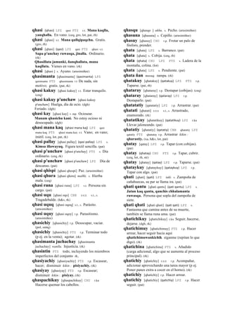 qhasi (qhasi)	
  	
  LPZ qasi PTS r.t. Mana kaqlla,
yanqhalla. En vano. (ceq, gro, lot, pat, rh)
qhasi [qhasi] s.t. Mana qullqipaqchu. Gratis.
(gro, rh)
qhasi [qhasi] (qasi)	
  	
  LPZ qasi PTS qhasi s.t.
Sapa p'unchay ruwasqa, jinalla. Ordinario.
(rk)
Qhasillata jamunki, ñanqhallata, mana
kaqllata. Vienes en vano. (rk)
qhasi [qhasi ] s. Ayuno. (arusimiñee)
qhasimanta [qhasimanta] (qasimanta)	
  	
  LPZ
qasimanta PTS qhasimanta r.t De nada, sin
motivo; gratis. (pat, rk)
qhasi kakuy [qhasi kakuy] r.t. Estar tranquilo.
(ceq)
qhasi kakuy p'unchaw [qhasi kakuy
p'unchaw] Huelga, día de ocio. (dgh)
Feriado. (dgh)
qhasi kay [qhasi kay] r. mp. Ociosear.
Manam qhasichu kani. No estoy ocioso ni
desocupado. (dgh)
qhasi mana kaq (qhasi	
  mana	
  kaj)	
  	
  LPZ qasi
mana kaq PTS qhasi mana kax r.t. Vano; en vano;
inútil. (ceq, lot, pat, rk)
qhasi pallay [qhasi pallay] (qasi	
  pallay)	
  	
  LPZ s.
Kimsa illawayuq. Figura textil sencilla. (pat)
qhasi p'unchaw [qhasi p'unchay] PTS s. Día
ordinario. (ceq, rk)
qhasi p'unchaw [qhasi p'unchaw] LPZ Día de
descanso. (pat)
qhasi qhispi [qhasi qhespi] Paz. (arusimiñee)
qhasi qhura [qhasi qhora] mallki. s. Hierba
mala. (ceq)
qhasi runa [qhasi runa] LPZ s.t. Persona sin
cargo. (pat)
qhasi uqu [qhasi oqo] CBB sxx s.t., s.
Tragadebalde. (h&s, rk)
qhasi uquq [qhasi oqoq] s.t., s. Parásito.
(arusimiñee)
qhasi uquy [qhasi oqoy] r.p. Parasitismo.
(arusimiñee)
qhasichiy [qhasichiy] r.p. Desocupar, vaciar.
(pol, smtq)
qhasichiy [qhasichiy] PTS r.p. Terminar todo
(p ej. en la venta); agotar. (rk)
qhasimanta juchachay [qhasimanta
juchachay] wanlla. Injusticia. (rk)
qhasintin PTS todo, incluyendo los miembros
imperfectos del conjunto rk,
qhasiyachiy [qhasiyachiy] PTS r.p. Escasear,
hacer; disminuir kikin : pisiyachiy. (rk)
qhasiyay [qhasiyay] PTS r.p. Escasear;
disminuir kikin : pisiyay. (rk)
qhaspachikuy [qhaspachikuy] CHU r.ku
Hacerse quemar los cabellos.
qhasqu [qhasqo ] ukhu. s. Pecho. (arusimiñee)
qhasuna [qhasuna] s. Cepillo. (arusimiñee)
qhasuy [qhasuy] CHU r.p. Frotar un palo de
fósforo, prender.
qhata [qhata] LPZ s. Barranco. (pat)
qhata [qhata] s. Cobija. (ceq, rh)
qhata (qhata)	
  	
  CHU LPZ PTS s. Ladera de la
montaña, colina. (lot)
qhata [qhata] LPZ s. Pendiente. (pat)
qhata ñan musuq. rampa. (rk)
qhatakuy [qhatakuy] (qatakuy)	
  	
  LPZ PTS r.p.
Taparse. (pat, rh)
qhataray [qhataray] r.p. Destapar (cobijas). (ceq)
qhataray [qhataray] (qataray)	
  	
  LPZ r.p.
Destaparlo. (pat)
qhatatatiy [qatatatiy] LPZ r.p. Arrastrar. (pat)
qhatati [qhatati] sxx s.t., s. Arrastrado,
enamorado. (rk)
qhatatikuy [qhatatikuy] (qatatikuy)	
  	
  LPZ r.ku
Llevar jaloneando. (pat)
qhatatiy [qhatatiy] (qatatiy)	
  	
  CBB qhatatiy LPZ
qatatiy PTS qhatatay r.p. Arrastrar kikin :
qharastiy. (xa, h&s, lot, pat)
qhatay [qatay] LPZ r.p. Tapar (con cobijas).
(pat)
qhatay (qhatay)	
  	
  CHU PTS r.p. Tapar, cubrir.
(ceq, lot, rh, str)
qhatay [qhatay] (qatay)	
  	
  LPZ r.p. Taparse. (pat)
qhataykuy [qhataykuy] (qataykuy)	
  	
  LPZ r.p.
Tapar con algo. (pat)
qhati [qhati] (qati)	
  	
  LPZ taki. s. Zampoña de
cañahuecas, su par se llama ira. (pat)
qhati qantu [qhati qantu] (qati	
  qantu)	
  	
  LPZ s.
Jatun kaq qantu, qanchis chhalamanta
ruwasqa. Persona que sopla del zampoña de
siete.
qhati qhati [qhati qhati] (qati	
  qati)	
  	
  LPZ s.
Fantasma que camina antes de su muerte,
también se llama runa uma. (pat)
qhatichikuy [qhatichikuy] r.ku Seguir, hacerse,
dejarse. (dgh, rk)
qhatichimuy [qhatichimuy] PTS r.p. Hacer
arrear, hacer seguir hacia aquí
qhatichimuwankichik síganme (repitan lo que
digo). (rk)
qhatichina [qhatichina] PTS s. Añadido
(carga adicional, algo que se aumenta al proceso
principal). (rk)
qhatichiy [qhatichiy] sxx r.p. Acompañar,
adicionar aprovechando una tarea mayor (p ej.
Poner panes extra a cocer en el horno). (rk)
qhatichiy [qhatichiy] r.p. Hacer arrear.
qhatichiy [qhatichiy] (qatichiy)	
  	
  LPZ r.p. Hacer
seguir. (pat)
 