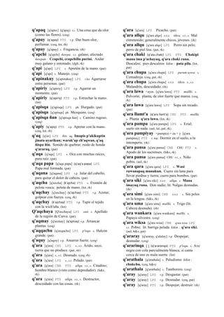 q'apaq [q'apax] (q'apaj)	
  	
  s.t. Una cosa que da olor
(como las flores). (ceq)
q'apay (q'apay)	
  	
  PTS r.p. Dar buen olor,
perfumar. (ceq, lot, rh)
q'apay [q'apay] s. Fragancia. (rk)
q'apchi [q'ajchi] ñawpa. s.r. galano, afectado
ñawpan : Ccapchi, ccapchilla purini. Andar
muy galano y entonado. (dgh, rk)
q'api [q'api] LPZ s. Apretón de la mano. (pat)
q'api [q'api] s. Manojo. (ceq)
q'apinakuy [q'apinakuy] LPZ r.ku Agarrarse
entre personas. (pat)
q'apiriy [q'apiriy] LPZ r.p. Agarrar un
momento. (pat)
q'apiriy (q'apiriy)	
  	
  PTS r.p. Estrechar la mano.
(lot)
q'apisqa [q'apisqa] LPZ ph. Hurgado. (pat)
q'apisqa [q'apisqa] ph. Mezquino. (ceq)
q'apisqa ñan [q'apisqa ñan] s. Camino rugoso.
(ceq)
q'apiy (q'apiy)	
  	
  PTS r.p. Apretar con la mano.
(ceq, lot, rh)
q'aq [q'ax] LPZ ñin. aq. Imapis p'akikuptin
jinata uyarikun; warak'ap ch'aqwan, q'aq
ñispa ñin. Sonido de quebrar; ruido de honda
q'araraq. (pat)
q'aqa [q'aqa] LPZ s. Oca con muchas raíces,
pura raíz. (pat)
q'aqa papa [q'aqa papa] (q'aq'a	
  papa)	
  	
  LPZ
Papa mal formada. (pat)
q'aqana [q'aqana] LPZ r.p. Jalar del cabello,
para quitar el dolor de cabeza. (pat)
q'aqcha [q'axcha] (k'ajcha)	
  	
  PTS s. Frontón de
pelota vasca; pelota de mano. (lot, rk)
q'aqchay [q'axchay] (q'ajchay)	
  	
  PTS r.p. Azotar;
golpear con fuerza. (ceq, rk)
q'aqchay (k'ajchay)	
  	
  PTS r.p. Tupir el tejido
con la wich'uña. (lot)
Q'aqchaya [Q'axchaya] LPZ suti. s. Apellido
de la región de Curva. (pat)
q'aqmay [q'axmay] (q'ajmay)	
  	
  r.p. Arrancar
plantas. (ceq)
q'aqqachu [q'axqachu] LPZ p'isqu. s. Halcón
grande. (pat)
q'aquy [q'aqoy] r.p. Amarrar fuerte. (ceq)
q'ara [q'ara] CHU LPZ s., s.t. Árido, seco;
tierra que no produce. (pat, str)
q'ara [q'ara] s., s.t. Desnudo. (ceq, rh)
q'ara [q'ara] LPZ s., s.t. Pelado. (pat)
q'ara [q'ara] CBB PTS allqu. s.t., s. Citadino;
hombre blanco (visto como depredador). (h&s,
rk)
q'ara [q'ara] PTS allqu. s.t., s. Destructor,
descuidado con las cosas. (rk)
q'ara [q'ara] LPZ Picacho. (pat)
q'ara allqu [q'ara alqo] sxx tikra. s.t., s. Mal
entretenido; generalmente chicos, jóvenes. (rk)
q'ara allqu [q'ara alqo] LPZ Perro sin pelo;
perro de piel lisa. (pat, rk)
q'ara chaki (q'ala	
  chaki)	
  	
  LPZ PTS Chakipi
mana ima p'achayuq, q'ara chaki runa.
Descalzo; pies descalzos kikin : pata pila. (lot,
pat)
q'ara chupa [q'ara chupa] LPZ purum uywa. s.
Comadreja. (ceq, pat, rh)
q'ara chupa [q'ara chupa] sxx tikra. s., s.t.
Malandrín, descuidado. (rk)
q'ara lawa <aym. [q'ara lawa] PTS mallki. s.
Polvorín; planta, de olor fuerte que marea. (ceq,
rk)
q'ara lawa [q'ara lawa] LPZ Sopa sin recado.
(pat)
q'ara llamt'a (q'ara	
  llant'a)	
  	
  CHU PTS mallki.
s. Planta q'ara lawa. (lot, rk)
q'ara pampa [q'ara pampa] LPZ s. Erial;
suelo sin nada. (aul, lai, pat, rk)
q'ara pampiyay <pamp(a) + ea + y [q'ara
pampeay] PTS r. mp. Dormir en el suelo, a la
intemperie. (rk)
q'ara pansa [q'ara pansa] CBB CHU PTS s.
Apodo de los sucrenses. (h&s, rk)
q'ara pansa [q'ara pansa] CHU s.t., s. Niño
pobre. (aul, rk)
q'ara qara [q'ara qara] LPZ s. Wasi
ruwanapaq munakun. Cuero sin lana para
llevar piedras y tierra; cuero para bombos. (pat)
q'ara siki [q'ara siki] sxx allqu. s. Mana
imayuq runa. Don nadie; lit. Nalgas desnudas.
(rk)
q'ara simi [q'ara simi] CBB sxx s. Sin pelos
en la lengua. (h&s, rk)
q'ara uma [q'ara uma] mallki. s. Trigo (lit.
Cabeza desnuda). (rh)
q'ara wankara [q'ara wankara] mallki. s.
Papaya silvestre. (ceq)
q'ara wiksa [q'ara wisa] CBB q'ara wisa LPZ
s.t. Pobre; lit. barriga pelada kikin : q'ara siki.
(aul, h&s, pat)
q'araray [q'araray, q'alalay] r.p. Despojar;
desnudar. (ceq)
q'ararinqa [ ] (q'ararenqa)	
  	
  PTS p'isqu. s. Ave
negra con cola parcialmente blanca; si canta
cerca de uno es mala suerte. (lot)
q'arathala [q'arathala] s. Paludismo kikin :
chukchu. (ceq, h&s)
q'arathala [q'arathala] s. Tamborero. (ceq)
q'aray [q'aray] LPZ r.p. Desgastar. (pat)
q'aray [q'aray] LPZ r.p. Desnudar. (ceq, pat)
q'aray [q'aray] PTS r.p. Despojar, destruir. (rk)
 