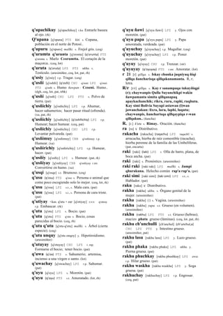 q'upachikuy [q'opachikuy] r.ku Entrarle basura
al ojo. (rk)
Q'upana [q'opana] PTS kiti. s. Copana,
población en el norte de Potosí..
q'upuru [q'opuro] mallki. s. Frejol gris. (ceq)
q'urumta q'urunta [q'oronta] (q'orunta)	
  	
  PTS
q'oronta s. Marlo Ccorumtta. El coraçón de la
maçorca.. (ceq, lot)
q'uruta (q'oruta)	
  	
  LPZ PTS ukhu. s.
Testículo. (arusimiñee, ceq, lot, pat, rh)
q'usiy [q'osiy] r.p. Tragar. (ceq)
q'usñi [q'oshñi] (q'osñi)	
  	
  CHU q'osni LPZ q'osni
PTS q'osñi s. Humo ñawpan : Ccozni. Humo..
(dgh, ceq, lot, pat, trbk)
q'usñi [q'osñi] CHU LPZ PTS s. Polvo de
tierra. (pat)
q'usñichiy [q'osñichiy] LPZ r.p. Ahumar,
hacer sahumerios; hacer pasar ritual (ofrenda).
(xa, pat, rh)
q'usñichiy [q'osñichiy] (q'oshñichiy)	
  	
  LPZ r.p.
Humear; hacer humear. (ceq, pat)
q'usñichiy [q'osñichiy] CHU LPZ r.p.
Levantar polvareda. (pat)
q'usñimuy [q'osñimuy] CBB q'osñimuy r.p.
Humear. (xa)
q'usñirichiy [q'osñirichiy] LPZ r.p. Humear,
hacer. (pat)
q'usñiy [q'osñiy] LPZ s. Humear. (pat, rk)
q'usñiyay [q'osñiyay] CBB q'osñiyay r.mr.
Convertirse en humo. (xa)
q'usqi [q'osqe] s.t. Brumoso. (ceq)
q'usu (q'osu)	
  	
  PTS q'oso s. Persona o animal que
come poco escogiendo solo lo mejor. (ceq, lot, rk)
q'usu [q'osu] LPZ s.t., s. Mala cara. (pat)
q'usu [q'osu] LPZ s.t., s. Persona de cara triste.
(pat)
q'utiyay <kas. q'utu + ear [q'otiyay] sxx q'oteay
r.p. Embaucar. (rk)
q'utu [q'otu] LPZ s. Bocio. (pat)
q'utu [q'otu] PTS q'oto s. Bocio, cosas
parecidas al bocio. (ceq, rh)
q'utu q'utu [q'otu-q'otu] mallki. s. Árbol (cierta
especie). (ceq)
q'utu unquy [q'otu onqoy] y. Hipotiroidismo.
(arusimiñee)
q'utuyay [q'otuyay] CHU LPZ r. mp.
Formarse el bocio; tener bocio. (pat)
q'uwa (q'oa)	
  	
  PTS s. Sahumerio; artemisa,
incienso a una virgen o santo. (lot)
q'uwachay [q'owachay] LPZ r.p. Sahumar.
(pat)
q'uyu [q'oyu] LPZ s. Moretón. (pat)
q'uyu (q'oyu)	
  	
  PTS s.t. Amoratado. (lot, rh)
q'uyu ñawi [q'oyu ñawi] LPZ y. Ojos con
moretón. (pat)
q'uyu papa [q'oyu papa] LPZ y. Papa
amoratada, verdeada. (pat)
q'uyuchay [q'oyuchay] r.p. Magullar. (ceq)
q'uyuchay [q'oyuchay] LPZ r.p. Poner
moretón. (pat)
q'uyuy [q'oyuy] CHU r.p. Trenzar. (str)
q'uyuyay (q'oyuyay)	
  	
  PTS r.mr. Amoratar. (lot)
r 21 [r] qillqa. s. Iskay chunka juqniyuq ñiqi
qillqa ñancharisqa qillqakunamanta. R, r;
letra.
R/r [r/r] qillqa. s. Kay r sanampaqa tukuyñiqpi
(r); chaywanpis Qulla Suyunchikpi wakin
ñawpamanta simita qillqanapaq
apaykachanchik; rikra, ruru, raphi, ruqhutu.
Kay simi Bolivia Suyupi astawan (l)wan
jawanchakun: lixra, luru, laphi, luqutu;
chaywanpis, ñancharisqa qillqaypiqa r-wan
qillqakun.. (ñancha)
R. [r.] k'utu s. Rimay. Oración. (ñancha)
ra [ra] k' Distributivo.
rakacha [rakacha] (raqachu)	
  	
  LPZ raqachU s.
arracacha, hierba de raíz comestible (racacha);
hierba perenne de la familia de las Umbelíferas.
(pat, encarta)
raki [raki] (laki)	
  	
  LPZ s. Olla de barro, plana, de
boca ancha. (pat)
raki [raki] s. Pronóstico. (arusimiñee)
raki raki [raki raki] LPZ mallki. s. Jampi
qhurakuna. Helecho común rap'a rap'a. (pat)
raki simi [raki simi] (laki	
  simi)	
  	
  LPZ s.t., s.
Hablador. (pat)
raku [raku] k' Distributivo.
rakha [rakha] ukhu. s. Órgano genital de la
mujer. (arusimiñee)
rakha [rakha] (	
  )	
  	
  s. Vagina. (arusimiñee)
rakhu [rakhu] yupa. s.t. Grueso (en volumen).
(arusimiñee)
rakhu (rakhu)	
  	
  LPZ PTS s.t. Grueso (hebras);
macizo phatu grueso (láminas). (ceq, lot, pat, rh)
rakhu ch'unchulli [ch'unchul] (ch'unchul,a)	
  	
  
CHU LPZ PTS y. Intestino grueso.
(arusimiñee, pat)
rakhu lasu [rakhu lasu] LPZ y. Lazo grueso.
(pat)
rakhu phaka [rakhu phaka] LPZ ukhu. y.
Pierna gruesa. (pat)
rakhu phuchkay [rakhu phushkay] LPZ awa.
r.p. Hilar grueso. (pat)
rakhu waskha [rakhu waskha] LPZ y. Soga
gruesa. (pat)
rakhuchay [rakhuchay] LPZ r.p. Engrosar.
(ceq, pat)
 