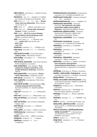 sillwi khuru [sillwi khuru] s. Lombriz de tierra.
(arusimiñee, aul)
simaniyay <kas. CHU semanear, ir a trabajar
por semanas en tiempos de la hacienda.. (trbk)
simi (simi)	
  	
  CHU LPZ PTS ukhu. s. Runap
simin, chaywan mikhunchik. Boca. (ñancha,
ceq, lot, pat, rh, str)
simi [simi] CHU s. Idioma. (arusimiñee, rh, str)
simi [simi] simi. s. Runap qallu rimasqanta
ñinapaq. Lengua. (arusimiñee)
simi [simi] s. Juk k'ata yuyayta ñinapaq
apaykachakun; juk jawanchasqa yuyay.
Palabra. (arusimiñee, ñancha, rh)
simi [simi] (opa)	
  	
  LPZ s.t. Chismoso. (pat)
LPZ manka simi boca de olla. (pat)
misk'i simi.
runa simi.
simikuna [simikuna] LPZ s. Palabras. (pat)
simi apaq [simi apax] LPZ s.t., s. Chismoso.
(pat)
simi juch'uyyachiy [simi juch'uyyachiy] s.
Simita k'utuna. Abreviación. (ñancha)
simi kallpa [simi kallpa] LPZ s. Fuerza de la
palabra. (pat)
simi kamay kamachiy [simi kamay kamachiy]
Política lingüística. (arusimiñee)
simi mañarikuy [simi mañarikuy] Wak
qallumanta simikuna mañarikuy: awtu
kastilla simimanta mañarisqa. Préstamos.
(ñancha)
simi paqarichiy [simi paqarichiy] Musuq
simita rikhurichina. Acuñación. (ñancha)
simi qaray [simi qaray] LPZ Asesorar. (pat)
simi raphicha [simi laphicha] Ficha léxica.
(arusimiñee)
simi rikch'arichiy [simi rijch'arichiy] Chay
wañusqa qunqasqa simi kawsarichiy.
Revitalizar palabras, lit.: despertar palabras..
(ñancha)
simi sat'i [simi sat'i] LPZ s.t., s. Entrometido.
(pat)
simi sat'i [simi sat'i ] s.t., s. Metecuchara. (ceq)
simi sut'inchaq [simi sut'inchax] s. Interprete.
(dgh)
simi sut'inchay [simi sut'inchay] Interpretar
lenguas. (dgh)
simi tikraq [simi tijrax] s.t., s. Traductor.
(arusimiñee)
simi, qallu [simi, qallu] s. Lengua. (arusimiñee)
simikamayuq [simikamayox] s. Literato.
(arusimiñee)
simiki [simiki] qillqa. s. Sílaba. (arusimiñee)
simikuna [simikuna] PTS s. Lenguas.
simikuna [simikuna] PTS simi. s.
Vocabulario.
Simikunamanta yuyaykuna [simikunamanta
yuyaykuna] simi. Conceptos de palabras. (ab)
simikunap k'askaynin [simikunax k'askaynin]
PTS simi. s. Gramática.
simikunapkamayuq musuq. s. Lingüista. (rk)
Simikunata mirarichiy [simikunata
mirarichiy] Juk simimanta wak simita
paqarichina: qillqay-manta qillqa-q
lluqsimun. Derivación de palabras. (ñancha)
simikunata qhichwarichiy [simikunata
qhechwarichiy] Fonemizar, adaptar a las
características del quechua. (ñancha)
simimanta yachachina musuq. Lenguaje.
(rk)
Simimanta yuyaykuna [simimanta
yuyaykuna] simi. Conceptos de la lengua. (ab)
siminakuy [siminakuy] r.p. Cuestionar.
(arusimiñee)
siminakuy [siminakuy] sxx r.p. Discutir.
(arusimiñee, rk)
siminakuy [siminakuy] s. Discusión.
(arusimiñee)
siminakuy, rimanakuy [siminakuy,
rimanakuy] s. Debate. (arusimiñee)
siminchay [siminchay] r.p. Sugerir. (arusimiñee)
Tata mamakuna munasqankuta
tatantachakuypi siminchanku. los padres (de
familia) hicieron sus sugerencias en la reunión..
(rk)
simiñisqa [siminisqa] ph. Promesa. (arusimiñee)
simiñiy, simiwanñiy, kamapayay [siminiy,
simiwanniy, kamapayay] r.p. Prometer. (arusimiñee)
simip ukhun cavidad bucal. (rk)
Simip yuyayninta mirachiymanta [simip
yuyayninta mirachiymanta] Ampliar el significado
de las palabras. (ñancha)
simipirwa [simipirwa] simi. s. Diccionario.
(arusimiñee)
simirara [simirara] simi. s. Plurilingüe; lit.
lleno de lenguas, palabras. (arusimiñee)
simisapa [simisapa] s.t., s. Bocón, respondón.
(ceq, rk)
simisapa [simisapa] LPZ s.t., s. Hablador. (ceq,
pat)
simit'a [simit'a] s. Acemita, pan de trigo. (ceq)
simiyachiy, qhichwayachiy [simiyachiy,
qhechwayachiy] r.p. Refonemizar al quechua.
(arusimiñee)
simiyuyaykamay, simiñisqankamay,
simip yuyaynin*** [simiyuyaykamay,
siminisqankamay, simip yuyaynin***] simi.
Semántica. (arusimiñee)
simp'a [simp'a] CHU s. Trenza. (ceq)
simp'akuy [simp'akuy] LPZ r.ku Trenzarse
cabello. (pat)
 