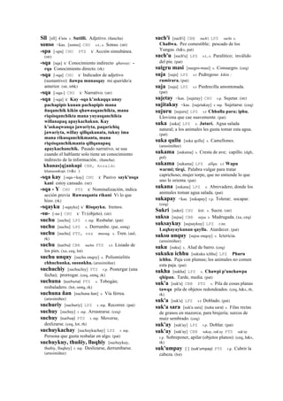 Sll [sll] k'utu s. Sutilli. Adjetivo. (ñancha)
sonso <kas. [sonso] CHU s.t., s. Sonso. (str)
-spa [-spa] CHU PTS k' Acción simultánea.
(str)
-sqa [sqa] k' Conocimiento indirecto qhaway: -
rqa Conocimiento directo. (rk)
-sqa [-sqa] CHU k' Indicador de adjetivo
(sustantivo) ñawpa munasqay mi querido/a
anterior. (str, trbk)
-sqa [-sqa-] CHU k' Narrativo. (str)
-sqa [-sqa] k' Kay -sqa k’askaqqa unay
pachapipis kunan pachapipis mana
ñuqanchik kikin qhawasqanchikta, mana
riqsisqanchikta mana yuyasqanchikta
willanapaq apaykachakun. Kay
k’askaqwanqa jawariyta, paqarichiq
jawariyta, willay qillqakunata, tukuy ima
mana rikusqanchikmanta, mana
riqsisqanchikmanta qillqanapaq
apaykachanchik. Pasado narrativo, se usa
cuando el hablante solo tiene un conocimiento
indirecto de la información.. (ñancha)
khanas[q]ankupi CBB, Anzaldo
khanasankupi. (v&c )
-sqa kay [-sqa-+kay] CHU k' Pasivo sayk'usqa
kani estoy cansado. (str)
-sqa - Y CHU PTS k' Nominalización, indica
acción previa Ruwasqanta rikuni Vi lo que
hizo. (rk)
-sqayku [-sqayku] k' Risqayku. Iremos.
-su- [-su-] CHU k' Ti (objeto). (str)
suchu [suchu] LPZ r. mp. Resbalar. (pat)
suchu [suchu] LPZ s. Derrumbe. (pat, smtq)
suchu [suchu] PTS, sxx musuq. s. Tren. (aul,
rk)
suchu (suchu)	
  	
  CBB suchu PTS s.t. Lisiado de
los pies. (xa, ceq, lot)
suchu unquy [suchu onqoy] s. Poliomielitis
chhuchunka, susunkha. (arusimiñee)
suchuchiy [suchuchiy] PTS r.p. Postergar (una
fecha); prorrogar. (ceq, smtq, rk)
suchuna (suchuna)	
  	
  PTS s. Tobogán;
resbaladero. (lot, smtq, rk)
suchuna ñan [suchuna ñan] s. Vía férrea.
(arusimiñee)
suchuriy [suchuriy] LPZ r. mp. Recorrer. (pat)
suchuy [suchuy] r. mp. Arrastrarse. (ceq)
suchuy (suchuy)	
  	
  PTS r. mp. Moverse,
deslizarse. (ceq, lot, rh)
suchuykachay [suchuykachay] LPZ r. mp.
Persona que gusta resbalar en algo. (pat)
suchuykuy, thuñiy, lluqhiy [suchuykuy,
thuñiy, lluqhey] r. mp. Deslizarse, derrumbarse.
(arusimiñee)
such'i [such'i] CBB such'i LPZ suchi s.
Challwa. Pez comestible; pescado de los
Yungas. (h&s, pat)
such'u [such'u] LPZ s.t., s. Paralítico; inválido
del pie. (pat)
suigru masi [suegro-masi] s. Consuegro. (ceq)
suja [suja] LPZ s.t Pedregoso kikin :
rumirara. (pat)
suja [suja] LPZ s.t Piedrecilla amontonada.
(pat)
sujetay <kas. [sujetay] CHU r.p. Sujetar. (str)
sujitakuy <kas. [sujetakuy] r. mp. Sujetarse. (ceq)
sujuru [sujuru] LPZ s.t Chhulla para; iphu.
Llovizna que cae suavemente. (pat)
suka [suka] LPZ s. Juturi. Agua salada
natural; a los animales les gusta tomar esta agua.
(pat)
suka qullu [suka qollu] s. Camellones.
(arusimiñee)
sukama [sukama] s. Cresta de ave; capillo. (dgh,
pol)
sukama [sukama] LPZ allqu. s.t Wapu
warmi; tirqi. Palabra vulgar para tratar
caprichoso; mujer torpe, que no entiende lo que
uno le orienta. (pat)
sukana [sukana] LPZ s. Abrevadero, donde los
animales toman agua salada. (pat)
sukapay <kas. [sukapay] r.p. Tolerar; socapar.
(ceq)
Sukri [sukri] CHU kiti. s. Sucre. (str)
suksa [sujsa] CBB sujsa s. Madrugada. (xa, ceq)
suksaykuy [sujsaykuy] LPZ r.mr.
Laqhayaykunan qaylla. Atardecer. (pat)
suksu unquy [sujsu onqoy] s. Ictericia.
(arusimiñee)
suku [suku] s. Alud de barro. (ceq)
sukuku ichhu [sukuku ichhu] LPZ Phuru
ichhu. Paja con plumas; los animales no comen
esta paja. (pat)
sukha [sukha] LPZ s. Chawpi p'unchawpa
qhipan. Tarde, media. (pat)
suk'a [suk'a] CBB PTS s. Pila de cosas planas
tawqa pila de objetos redondeados. (ceq, h&s, rh,
rk)
suk'a [suk'a] LPZ s.t Doblado. (pat)
suk'a sara [suk'a sara] (suka	
  sara)	
  	
  s. Filas rectas
de granos en mazorca; para brujería; surcos de
maíz sembrado. (ceq)
suk'ay [suk'ay] LPZ r.p. Doblar. (pat)
suk'ay [suk'ay] CBB sukay, suk'ay PTS suk'ay
r.p. Sobreponer, apilar (objetos planos). (ceq, h&s,
rk)
suk'umpay [ ] (suk'umpay)	
  	
  PTS r.p. Cubrir la
cabeza. (lot)
 