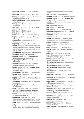 taripasqa [taripasqa] LPZ ph. Encontrado.
(pat)
taripasqa [taripasqa] wanlla. ph. Fallo. (rk)
taripay [taripay] CHU LPZ r.p. Dar alcance (a
personas). (ceq, pat, rh, str, rk)
taripay; taripasqa [taripay; taripasqa] wanlla.
s. Resolución. (rk)
tariy [tariy] r.p. Descubrir, ubicar, encontrar.
(arusimiñee)
tariy [tariy] CHU LPZ PTS r.p. Encontrar,
descubrir. (pat, str)
tariy [tariy] r.p. Hallar. (ceq, rh)
tariy [tariy] r.p. Localizar. (arusimiñee)
tarku [tarko] mallki. s. Tacoma (planta). (ceq)
tarpay [tarpay] CBB tarpay Apóc. De taripay.
(xa)
tarpuchikuy [tarpuchikuy] LPZ PTS r.p.
Sembrar, hacerse. (pat)
tarpuchiy [tarpuchiy] r.p. Hacer sembrar.
tarpuja [tarpuja] s. Semilla sembrada para otro;
sistema de retribución, por trabajo en la siembra
y cosecha se paga con la producción de surcos.
(ceq, rk, <ver> )
tarpukamuy [tarpukamuy] r.ku Ir a sembrar(se).
tarpukuy [tarpukuy] r.ku Sembrar(se).
tarpuna [tarpuna] LPZ s. Ima mujutapis
jallp'aman tarpuna. Siembra. (pat)
tarpuna yachaykuna musuq. Tecnología
agrícola. (rk)
tarpupay (tarpupay)	
  	
  PTS r.p. Resembrar,
replantar, plantar de nuevo. (ceq, lot)
tarpuq [tarpUx] LPZ s.t., s. Sarata uysuwan
tarpuq qhari, takllawan ruwaq runa.
Sembrador. (pat)
tarpuqkuna [tarpUxkuna] s.t., s. Sembradores.
tarpuy [tarpuy] (tarpuy)	
  	
  CHU PTS r.p.
Sembrar. (ceq, lot, rh, str)
tarpuy [tarpuy] LPZ r.p. Sembrar, trabajar con
taqlla. (pat)
tarpuy killa [tarpuy killa] yupa. s. Septiembre.
(arusimiñee)
tarpuy llamk'anakuna musuq. Herramientas
de trabajo. (rk)
tarqa <aym. [tarqa] (tarka)	
  	
  LPZ tarqa PTS
tarka taki. s. Pukllaypi phukuy yachanku.
Flauta gruesa de madera anata. (ceq, lot, pat)
taruka (taruka)	
  	
  CHU LPZ PTS purum uywa.
s. Venado. (ceq, lot, pat, str)
taruka uqa [taruka uqa] LPZ mallki. s.
Tubérculo dulce de planta parecida al trébol, se
come crudo, a los niños le gusta mucho. (pat)
tarwi [tarwi] CBB tarwi s. Chochos, altramuces.
(xa)
tarwi (tawri)	
  	
  CHU tawri LPZ PTS mallki. s.
Tarhui, planta anual, leguminosa, de semillas
comestibles muy nutritivas. (ceq, lot, pat, trbrk,
encarta)
tasa <kas. [tasa] s. Impuesto(s). (ceq)
tasayuq [tasayox] LPZ s.t. Que tiene tasa. (pat)
tasayuq [tasayox] LPZ s.t., s. Sayañaq runa.
Propietario de una sayaña. (pat)
tasa, ñawincha [tasa, ñawincha ] yupa. s. Tasa.
(arusimiñee)
tata [tata] s. Padre. (ceq, rh)
tata [tata] LPZ s. Papá. (pat)
tata [tata] CHU LPZ s. Señor. (pat, rh, str)
tatamama (tata-­‐mama)	
  	
  LPZ PTS s. Padres;
padre y madre. (lot, pat)
tata kura (tata	
  kura)	
  	
  LPZ PTS s. Cura
católico. (lot, pat)
tataku [tataku] ñawpa. s. Campesino de las
estancias (que usan el cabello trenzado). (ceq)
tataku (tataku)	
  	
  PTS s. Satanás. (lot)
tatala [tatala] PTS s. Señor; término de
respeto. (rk)
tatala [tatala] LPZ s.t., s. Forastero. (pat)
tataláy [tataláy] yaw. s. Mi señor, señor mío;
saludo.
tatáy [tatáy] LPZ yaw. s. Mi papá. (pat)
tatu wiksa [tatu wisa] LPZ s.t. Jatun
wiksayuq. Barrigón. (pat)
tawa [tawa] CHU LPZ PTS yupa. s., s.t. 4
Cuatro. (arusimiñee, pat, rh, str)
tawantinchik [tawantinchik] Nosotros cuatro
(inclusivo).
tawantinku [tawantinku] Ellos cuatro.
tawantiykichik [tawantiykichik] Ustedes
cuatro.
tawantiyku [tawantiyku] Nosotros cuatro
(exclusivo).
tawa chaki [tawa chaki] LPZ s. Cuadrúpedo.
(pat)
tawa chakiy [tawa chakiy] LPZ r. mp. Caminar
de cuatro patas. (pat)
tawa chunka [tawa chunka] LPZ yupa. s.t., s.
40 Cuarenta. (arusimiñee, pat)
tawa kaq [tawa kax] (tawa kaj)	
  	
  CHU yupa. s.t., s.
Cuarto, el. (ceq, str)
tawa killa, tawa tawa killa [tawa killa, tawa
tawa killa] s. Cuatrimestre. (arusimiñee)
tawa k'uchucha [tawa k'uchucha] yupa. s.
Cuadradito. (arusimiñee)
tawa ñiqi [tawa ñeqe] yupa. s.t., s. 4o Cuarto
(orden). (arusimiñee)
tawa pachak [tawa pachaj] yupa. s.t., s.
Cuatrocientos. (arusimiñee)
tawa tawa (tawatawa)	
  	
  PTS s. Buñuelo,
especie de. (lot, rk)
tawa tawa wata [tawa tawa wata] s. Bisiesto.
(arusimiñee)
 