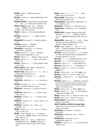 thallta [thallta] s. Membrana mucosa.
(arusimiñee)
thamay [thamay] r.p. Andar pesadamente como
tonto. (ceq)
thamaykachay [thamaykachay] (thamiykachay)	
  	
  
LPZ asiku. r. mp. Andar como borracho. (pat)
thami thamin [thami] ukhu. s. Placenta
ñawpan : Ttamin. Las pares de qualquier
hembra.. (dgh, arusimiñee, pol)
thamiy [thamiy] r.p. Cavar superficialmente.
(ceq)
thampa [thampa] CHU s.t. Tupido, lleno de
árboles.
thampuchi [thampuchi] s.t. Lanudo; haraposo.
(ceq)
thamqu [thamqo] s. Turbación,
atolondramiento. (arusimiñee)
thanqukuy [thanqokuy] r. mp. Turbarse,
atolondrarse. (arusimiñee)
thansa [thansa] CBB thansa s.t. Matorral;
ramaje denso; desgreñado. (xa, ceq)
thanta [thanta] LPZ s. Harapo; trapo. (ceq, pat)
thanta (thanta)	
  	
  PTS s.t. Usado, viejo (cosas).
(ceq, lot, rh)
thanta [thantha] LPZ s.t. Viejo, gastado, usado
(cosas). (pat)
thanta qhatu [thanta qhatu] s. Mercado de
cosas viejas, usadas. (ceq)
thanta runa [thanta runa] LPZ PTS tikra. s.t.
Persona de baja ralea. (pat, rk)
thantachay [thantachay] LPZ r.p. Hacerse
viejo. (pat)
thantakuy [thantakuy] LPZ r.mr. Envejecerse.
(pat)
thantay (thantay)	
  	
  LPZ PTS r.p. Envejecer,
gastar; usar hasta terminar. (lot, pat)
thantayay [thantayay] r.p. Gastarse, envejecer.
(ceq)
thañichiy (thañichiy)	
  	
  PTS r.p. Calmar, cesar,
curar. (ceq, lot)
thañikuy [thañikuy] PTS r. ku Calmar, sanar.
(ceq, gro)
thañikuy [thañikuy] CBB thanikuy, thañikuy r.mp.
Amainar. (xa)
thañikuy [thañikuy] CBB thañikuy r.mp.
Calmarse. (xa)
thañiy [thañiy] CBB LPZ thaniy r.p. Calmar;
cesar. (xa, h&s, pat)
thañiy [thaniy] (thañiy)	
  	
  PTS r.p. Calmarse,
cesar ñawpan : Ttañin. Parar, o cesar lo que se
haze.. (dgh, lot, rh)
thañiy [thañiy] CHU thaniy r.p. Sanar de una
enfermedad ñawpan : Ttanini. Estancar, o
escampar cesar o parar lo que se haze o dize..
(dgh)
thapa (thapa)	
  	
  tapa LPZ PTS s. Nido;
nido de ave. (ceq, lot, pat, rh)
thapa chaki [thapa chaki] sxx Patas con
plumas de las palomas. (rk)
thapachakuy [thapachakuy] (tapachakuy)	
  	
  LPZ
r.ku Anidar(se). (pat)
thapachay [thapachay] r.p. Hacer nido. (ceq)
thapakayay [thapakayay] r.p. <> Empellejar.
(ceq)
thaparanku [taparaku, thaparaku, thaparanku]
(taparaku)	
  	
  LPZ PTS s. Mariposa nocturna
ñawpan : taparacu mariposa grande. (dgh, ceq,
pat)
thaqachilla [thaqachilla] LPZ mallki. s. Planta
que crece en Coata, utilizan para curar la
epilepsia infantil, larphata. (pat)
thaqu [thaqo] (thaqo)	
  	
  CBB thaqo LPZ PTS
mallki. s. Algarrobo espinoso; planta forestal
leguminosa. (xa, ceq, lot, pat, rh)
tharmiy [tharmiy] (tharmiy)	
  	
  PTS r. mp. Pararse
el caballo en las patas traseras y manotear con
las patas delanteras.. (ceq, lot)
tharmiy CHU r.p. Atropellar, pisotear. (smtq)
tharmiy LPZ r.p. Rascar donde sea. (pat)
tharwa [tharwa] sxx s.t. Desordenado. (rk)
tharway [tharway] sxx r.p. Desordenar. (rk)
thasay [thasay] PTS asiku. r. mp. Dormir
puñuy. (lrs )
thasay [thasay] allqu. r. mp. Peer supiy. (ceq)
thasniy [thasniy] r.p. Aliviar, sosegar. (ceq)
thasnuy [ ] (thasnuy)	
  	
  PTS r.p. Apagar (fuego).
(ceq, lot)
thataqa [thataqa] LPZ s. Ilegítimo; cuando las
jóvenes solteras tienen hijos/as naturales, no le
hacen caso, cuando da a luz les dicen thataqa,
igual a los animales. (pat)
thatay [thatay] allqu. r.p. Beber upyay. (rk)
thatay [thatay] LPZ allqu. r.p. Emborracharse
totalmente sin sentido. (pat)
thatay [thatay] allqu. r.p. Tragar en exceso. (ceq)
thatki [thaski] tupu. s. Metro. (arusimiñee)
thatki kintal [thaski kintal] yupa. Quintal
métrico. (arusimiñee)
thatki tunilara, thatki p'umpu tupu
[thaski tunilara, thaski p'umpu tupu] Tonelada
métrica. (arusimiñee)
thatkichay [thaskichay] r.p. Procesar.
(arusimiñee)
thatkichay [thaskichay] yacha. s. Proceso.
(arusimiñee)
thatkikuna [thaskikuna] wanlla. s.
Reglamentos, pasos. (rk)
thatkiriy [thaskiriy] LPZ r. mp. Caminar hacia
adelante. (pat)
 
