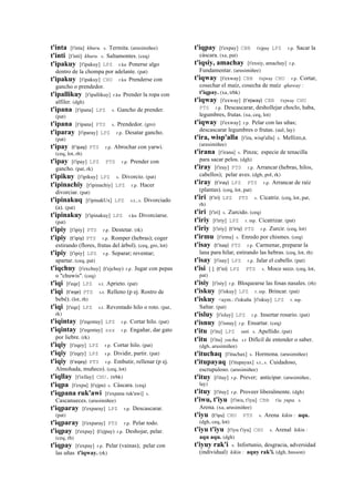 t'inta [t'inta] khuru. s. Termita. (arusimiñee)
t'inti [t'inti] khuru. s. Saltamontes. (ceq)
t'ipakuy [t'ipakuy] LPZ r.ku Ponerse algo
dentro de la chompa por adelante. (pat)
t'ipakuy [t'ipakuy] CHU r.ku Prenderse con
gancho o prendedor.
t'ipallikuy [t'ipallikuy] r.ku Prender la ropa con
alfiler. (dgh)
t'ipana [t'ipana] LPZ s. Gancho de prender.
(pat)
t'ipana [t'ipana] PTS s. Prendedor. (gro)
t'iparay [t'iparay] LPZ r.p. Desatar gancho.
(pat)
t'ipay (t'ipay)	
  	
  PTS r.p. Abrochar con yarwi.
(ceq, lot, rh)
t'ipay [t'ipay] LPZ PTS r.p. Prender con
gancho. (pat, rk)
t'ipikuy [t'ipikuy] LPZ s. Divorcio. (pat)
t'ipinachiy [t'ipinachiy] LPZ r.p. Hacer
divorciar. (pat)
t'ipinakuq [t'ipinakUx] LPZ s.t., s. Divorciado
(a). (pat)
t'ipinakuy [t'ipinakuy] LPZ r.ku Divorciarse.
(pat)
t'ipiy [t'ipiy] PTS r.p. Destetar. (rk)
t'ipiy (t'ipiy)	
  	
  PTS r.p. Romper (hebras); coger
estirando (flores, frutas del árbol). (ceq, gro, lot)
t'ipiy [t'ipiy] LPZ r.p. Separar; reventar;
apartar. (ceq, pat)
t'iqchuy [t'exchuy] (t'ejchuy)	
  	
  r.p. Jugar con pepas
o "chuwis". (ceq)
t'iqi [t'eqe] LPZ s.t. Aprieto. (pat)
t'iqi (t'eqe)	
  	
  PTS s.t. Relleno (p ej. Rostro de
bebé). (lot, rh)
t'iqi [t'eqe] LPZ s.t. Reventado hilo o roto. (pat,
rk)
t'iqintay [t'eqentay] LPZ r.p. Cortar hilo. (pat)
t'iqintay [t'eqentay] sxx r.p. Engañar, dar gato
por liebre. (rk)
t'iqiy [t'eqey] LPZ r.p. Cortar hilo. (pat)
t'iqiy [t'eqey] LPZ r.p. Dividir, partir. (pat)
t'iqiy (t'eqey)	
  	
  PTS r.p. Embutir, rellenar (p ej.
Almohada, muñeco). (ceq, lot)
t'iqllay [t'ixllay] CHU. (trbk)
t'iqpa [t'expa] (t'ejpa)	
  	
  s. Cáscara. (ceq)
t'iqpana ruk'awi [t'expana ruk'awi] s.
Cascanueces. (arusimiñee)
t'iqparay [t'exparay] LPZ r.p. Descascarar.
(pat)
t'iqparay [t'exparay] PTS r.p. Pelar todo.
t'iqpay [t'expay] (t'ejpay)	
  	
  r.p. Deshojar, pelar.
(ceq, rh)
t'iqpay [t'expay] r.p. Pelar (vainas); pelar con
las uñas t'iqway. (rk)
t'iqpay [t'expay] CBB t'ejpay LPZ r.p. Sacar la
cáscara. (xa, pat)
t'iqsiy, amachay [t'exsiy, amachay] r.p.
Fundamentar. (arusimiñee)
t'iqway [t'exway] CBB t'ejway CHU r.p. Cortar,
cosechar el maíz, cosecha de maíz qhaway :
t'iqpay. (xa, trbk)
t'iqway [t'exway] (t'ejway)	
  	
  CBB t'ejway CHU
PTS r.p. Descascarar, deshollejar choclo, haba,
legumbres, frutas. (xa, ceq, lot)
t'iqway [t'exway] r.p. Pelar con las uñas;
descascarar legumbres o frutas. (aul, lay)
t'ira, wisp'alla [t'ira, wisp'alla] s. Mellizo,a.
(arusimiñee)
t'irana [t'irana] s. Pinza; especie de tenacilla
para sacar pelos. (dgh)
t'iray [t'iray] PTS r.p. Arrancar (hebras, hilos,
cabellos); pelar aves. (dgh, pol, rk)
t'iray (t'iray)	
  	
  LPZ PTS r.p. Arrancar de raíz
(plantas). (ceq, lot, pat)
t'iri (t'iri)	
  	
  LPZ PTS s. Cicatriz. (ceq, lot, pat,
rh)
t'iri [t'iri] s. Zurcido. (ceq)
t'iriy [t'iriy] LPZ r. mp. Cicatrizar. (pat)
t'iriy [t'iriy] (t'iriy)	
  	
  PTS r.p. Zurcir. (ceq, lot)
t'irmu [t'irmu] s. Enredo por chismes. (ceq)
t'isay (t'isay)	
  	
  PTS r.p. Carmenar, preparar la
lana para hilar, estirando las hebras. (ceq, lot, rh)
t'isay [t'isay] LPZ r.p. Jalar el cabello. (pat)
t'isi [ ] (t'isi)	
  	
  LPZ PTS s. Moco seco. (ceq, lot,
pat)
t'isiy [t'isiy] r.p. Bloquearse las fosas nasales. (rh)
t'iskuy [t'iskuy] LPZ r. mp. Brincar. (pat)
t'iskuy <aym.: t'iskuña [t'iskuy] LPZ r. mp.
Saltar. (pat)
t'isluy [t'isluy] LPZ r.p. Insertar rosario. (pat)
t'isnuy [t'isnuy] r.p. Ensartar. (ceq)
t'itu [t'itu] LPZ suti. s. Apellido. (pat)
t'itu [t'itu] yacha. s.t Difícil de entender o saber.
(dgh, arusimiñee)
t'ituchaq [t'ituchax] s. Hormona. (arusimiñee)
t'itupayaq [t'itupayax] s.t., s. Cuidadoso,
escrupuloso. (arusimiñee)
t'ituy [t'ituy] r.p. Prever; anticipar. (arusimiñee,
lay)
t'ituy [t'ituy] r.p. Proveer liberalmente. (dgh)
t'iwu, t'iyu [t'iwu, t'iyu] CBB t'iu yupa. s.
Arena. (xa, arusimiñee)
t'iyu (t'iyu)	
  	
  CHU PTS s. Arena kikin : aqu.
(dgh, ceq, lot)
t'iyu t'iyu [t'iyu t'iyu] CHU s. Arenal kikin :
aqu aqu. (dgh)
t'iyuy rak'i s. Infortunio, desgracia, adversidad
(individual) kikin : aquy rak'i. (dgh, husson)
 