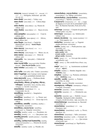umayuq [umayox] (umayoj)	
  	
  CHU umayoqh LPZ
PTS s.t., s. Inteligente, intelectual; que sabe.
(lot, pat, str)
uma chaki [uma chaki] s. Volteo. (ceq)
uma chaki [uma chaki] LPZ Cabeza abajo.
(pat)
uma chakiy [uma chakiy] r. mp. Pararse de
cabeza. (ceq)
uma chakiy [uma chakiy] LPZ Hacer al revés.
(pat)
uma jampiku [uma jampiku] LPZ Curar la
cabeza. (pat)
uma juqhariy [uma oqhariy] LPZ Altivez,
alzar cabeza. (pat)
uma llaqta [uma llaxta] s. Capital de
departamento qhaway : mama llaqta.
(arusimiñee)
uma muyuy [uma muyuy] sxx s.t., s.
Complicado. (rk)
uma muyuy (uma	
  muyuy)	
  	
  PTS Mareo. (lot, rh)
uma nanay [uma nanay] LPZ Dolor de
cabeza. (pat)
uma pañu <kas. [uma paño] s. Cabezal del
bebé. (ceq)
uma raymi killa [uma raymi killa] Octubre
ñawpan : Oma Raymi Quilla. (poma)
uma rutuku [uma rutuku] LPZ Peluquero.
(pat)
uma tullu [uma tullu] ukhu. Cráneo. (arusimiñee)
uma t'uqpisqa [uma t'oxpisqa] (uma	
  t'ojpisqa)	
  	
  
PTS s.t., s. Loco, perturbado (mental). (lot)
uma-muyuchi musuq. s. Problema (desde
perspectiva mental). (rk)
umachakiy, tiksuy, p'aqchay, tikray,
wikupay [umachakiy, tijsuy, p'axchay, tijray,
wikupay] r.p. Invertir. (arusimiñee)
umachakuy (umachakuy)	
  	
  PTS r.p.
Comprender. (lot, rh)
umallikuq [umallikUx] s. Imaginativo.
(arusimiñee)
umallikuy [umallikuy] LPZ r.p. Pensar. (pat)
umallikuy [umallikuy] CHU Llevar algo en la
cabeza.
umallikuy, umalliy [umallikuy, umalliy] s.
Imaginación. (arusimiñee)
umallikuy, yuyayrayay [umallikuy,
yuyayrayay] r.p. Imaginar. (arusimiñee)
umalliq [umallix] wanlla. s.t., s. Presidente. (rk)
umalliq [umallix] LPZ s.t., s. Que piensa. (pat)
umalliq jawariy [umallix jawariy] s. Leyenda.
(arusimiñee)
umalliq, yachaywasi kamachiq [umalliq,
yachaywasi kamachix] s.t., s. Director de escuela.
(arusimiñee)
umalliy [umalliy] wanlla. r.p. Presidir. (rk)
umanchakuy, yuyaychakuy [umanchakuy,
yuyaychakuy] r. mp. Opinar. (arusimiñee)
umanchakuy, yuyaychakuy [umanchakuy,
yuyaychakuy] s. Opinión. (arusimiñee)
Umanwat'a [Umanwat'a] LPZ kiti. s. Lugar
de Qapana en el cerro de la comunidad Coata*,
Prov. De Bautista Saavedra, Norte de La Paz.
(pat)
umaraqa [umaraqa] s. Conjunto de gente para
trabajar gratis. (ceq, h&s)
umaraqay [umaraqay] r. mp. Juntarse para
trabajar. (ceq)
umata siyenteny <kas. [umata siyenteny] CHU
r. mp. Tener jaqueca. (str)
uminchay [uminchay] rumi. r.p. Engastar
piedras preciosas. (arusimiñee)
umiña [umiña] rumi. s. Piedra preciosa. (dgh,
arusimiñee, cer)
nina umiña joya fina.
puka umiña rubí.
q'umir umiña esmeralda.
qhispi umiña diamante.
umiy [umiy] LPZ r.p. Aves que dan comida a
sus polluelos. (pat)
umiy [umiy] r.p. Dar comida boca a boca. (ceq,
rk)
umju' [kas.] PTS aq. Asentimiento occidental
qhaway : mju'u'.
umphu [umphu] s.t. Abatido; lánguido kikin :
chullchu. (ceq)
umphuy [umphuy] r. mp. Postrarse; enfermarse
kikin : chullchuy. (ceq)
umulliy umilliy [umulliy] r.p. Predecir.
(arusimiñee, lai, smtq)
unachiy [unachiy] Retardar. (arusimiñee)
unampayay, willapay [unampayay, willapay ]
Comentar. (arusimiñee)
unancha [unancha] s. Icono. (arusimiñee)
unancha [unancha] LPZ s. Orientación. (pat,
rk)
unancha [unancha] yupa. s. Símbolo ñawpan :
Vnancha. Qualquiera señal, estandarte,
ynsignia, escudo de armas.. (dgh, arusimiñee, rk)
unanchakusqa [unanchakusqa] ph. Racional.
(arusimiñee, rk)
unanchakuy [unanchakuy] LPZ r.mp.
Orientarse. (pat)
unanchakuy [unanchakuy] wanlla. r.p. Prever,
planificar. (rk)
unanchana [unanchana] s. Sello. (arusimiñee)
unanchaq [unanchax] wanlla. s. Concejal. (rk)
unanchaq [unanchax] LPZ s.t., s. Que orienta
el horizonte. (pat)
unanchasqa [unanchasqa] ph. Significativa.
(arusimiñee)
 