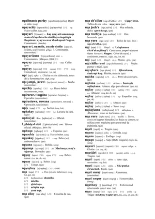upallmanta parlay [upallmanta parlay] Decir
al oído. (ceq)
upayachiy [upayachiy] (jup'ayachiy)	
  	
  LPZ r.p.
Hacer callar. (ceq, pat)
upayari [Upayari] s. Kay upayari sanampaqa
mana ch'uyallatachu simiñiqta sinqañiqta
lluqsimun; uyaywa-wan khuskapuni t'uqyan.
Consonante. (ñancha)
upayari, uyantin, uyariynintin [upayari,
uyantin, uyariynintin] qillqa. s. Consonante.
(arusimiñee)
upayarikuna [Upayarikuna] simi. s.
Consonantes. (Márquez, 2004: 23)
upayay [upayay] (jupayay)	
  	
  LPZ r.mp. Callar.
(pat)
upayay [upayay] CBB opayay CHU PTS r.mp.
Enmudecer; atontarse. (xa, rk)
upi [upi] aqha. s. Chicha recién elaborada, antes
de la fermentación. (dgh, ceq)
upi jampi, jarawi [upi jampi, jarawi] s. Jarabe.
(arusimiñee)
upichiy [upichiy] CHU r.p. Hacer beber
mazamorras, sopa.
upirarur, t'uqpina [upirarur, t'oxpina] s.
Operador. (arusimiñee)
upirasiuwn, ruwana [upirasiuwn, ruwana] s.
Operación. (arusimiñee)
upiy (upiy)	
  	
  PTS r.p. Sorber. (ceq, lot)
uphakuy [uphakuy] CHU r.p. Lavarse la cara.
(dgh)
uphisiyal <kas. [uphisiyal] s.t. Oficial.
(arusimiñee)
Uphisiyal simi [Uphisiyal simi] simi. Idioma
oficial. (Márquez, 2004:79)
uphuqu [ophoqo] LPZ s. Espuma. (pat)
upyachiy [ujyachiy] r.p. Hacer beber. (ceq)
upyakuy [ujyakuy] LPZ r. mp. Beber(se);
emborracharse. (pat)
upyana [ujyana] s. Bebida. (ceq)
upyasqa [ujyasqa] LPZ ph. Machasqa; maq'a
ujyasqa. Borracho. (pat)
upyay (ujyay)	
  	
  CBB ujyay PTS r.mp. Beber,
tomar. (xa, lot, rh, str)
upyay [ujyay] r.p. Beber. (ceq)
LPZ Tomar. (pat)
upyaykuy [ujyaykuy] CHU. (trbk)
uqa (oqa)	
  	
  PTS s. Oca (oxalis tuberosa). (ceq,
lot, pat, rh)
LPZ kaykuna kan chumiñu.
LPZ mistilu.
LPZ qhini uqa.
LPZ uchpha uqa.
LPZ yana uqa.
uqa allay [oqa allay] LPZ Cosecha de oca.
(pat)
uqa ch'ullku [oqa ch'ullku] LPZ Uqap yuran.
Tallos de oca kikin : uqa yura. (pat)
uqa juch'a [oqa juch'a] LPZ Oca soleada,
dulce qawichasqa. (pat)
uqa wathiya [oqa wathiya] LPZ Oca
horneada. (pat)
uqa yura [oqa yura] LPZ Tallos de oca kikin :
uqa ch'ullku. (pat)
uqi (oqe)	
  	
  PTS llimp'i. s.t. Uchphaman
rikch'akuq llimp'i. Ceniciento, empolvado con
tierra ñawpan : Oqque. Color de sayal, o
ceniziento, o rucio.. (dgh, ceq, lot, rh)
uqi [oqe] LPZ llimp'i. s.t., s. Plomo; gris. (pat)
uqi chillu rumi [oqe chillu rumi] LPZ Piedra
plomo y frágil. (pat)
uqi qhura [oqe qhora] LPZ Qhurakuna,
chakrapi kaq. Hierba, maleza. (pat)
uqicha [oqecha] LPZ s.t., s. Perro de color gris.
(pat)
uqllana [oxllana] LPZ ukllana s. Imatapis
uqllaykuna. Abrazo; algo para abrazar. (pat, rk)
uqllay [oxllay] (ujllay)	
  	
  CHU oqhllay PTS oqllay
r.p. Abrazar. (ceq, lot, rh, str)
uqllay [ukllay] (ojllay)	
  	
  LPZ r.p. Empollar. (ceq,
pat, rk)
uqllay [oxllay] LPZ s. Abrazo. (pat)
uqllay [oxllay] (ojllay)	
  	
  s. Seno. (ceq)
uqllaykuna [oxllaykuna] LPZ ukllaykuna s.
Abrazarse; tener en los brazos. (pat)
uqu ruru [oqho ruru] LPZ mallki. s. Berro,
crece en lugares húmedos; las hojas se comen; se
utiliza como medicina para curar mal de
pulmonía. (pat)
uquli [oqoli] s.t. Tragón. (ceq)
uquna [oqona] asiku. s. Comida. (ceq)
uquna [oqona] s. Esófago. (ceq)
uququ [oqoqo] s. Sapo (Bufo vulgaris). (dgh, lai,
smtq)
uqusiri [oqosiri] (oqosiri)	
  	
  CBB oqosiri allqu. s.
Glotón. (xa, ceq, rk)
uquskiri [oqoskiri ] CBB oqoskiri asiku. s.t., s.
Tragón. (xa)
uquti (oqoti)	
  	
  PTS ukhu. s. Ano. (dgh,
arusimiñee, ceq, lot)
uquti [oqoti] LPZ ukhu. s. Siki punku
ch'unchull. Recto. (pat)
uquti suruy [oqoti suruy] Almorrana.
(arusimiñee)
uquti unquy [oqoti onqoy] s. Hemorroides.
(smtq)
uqutikuy [ ] (oqotikuy)	
  	
  PTS Enfermedad
relacionada con el ano. (lot)
uquy (oqoy)	
  	
  CBB oqoy LPZ PTS asiku. r.p.
Tragar mikhuy; waqtaykuy. (xa, ceq, lot, pat, rk)
 
