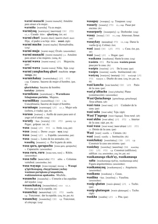 warmi munachi [warmi munachi] Amuleto
para atraer a la mujer.
warmiña [warmiña] Ya es mujer.
warmiyuq [warmiyox] (warmiyoj)	
  	
  CHU PTS
s.t., s. Casado kikin : qhariyuq. (lot, str)
warmi churi [warmi churi] (warmi	
  churi)	
  	
  masi.
Hija; el padre a su hija kikin : ususi. (dgh)
warmi machu [warmi macho] Hermafrodita.
(ceq)
warmi muju [warmi muju] Óvulo. (arusimiñee)
warmi munachi [warmi munachi] y.s. Amuleto
para atraer a las mujeres. (smtq, rk)
warmi wawa [warmi wawa] LPZ Mujercita.
(pat)
warmi wawa [warmi wawa] Niña; hija. (ceq)
warmi yanqhachaq qhari machista urqu-
sunqu. (rk)
warmichakuy [warmichakuy] LPZ PTS
r.mp. Casarse; hacerse de mujer el hombre. (pat,
rk)
qharichakuy hacerse de hombre.
tantakuy juntarse.
warmikuna [warmikuna] s. Warmikuna
lxlaqtaman purinku. Mujeres.
warmillikuy [warmillikuy] CHU r. ku
Concubinarse, hacerse de mujer el hombre.
warmisapa [warmisapa] LPZ s.t., s. Mujer sola
(soltera, o viuda). (pat, rk)
warusu [warusu] s. Anillo de cuero para unir el
yugo col el arado. (ceq)
warutiy <kas. [warutiy] CHU PTS garrutiy r.p.
Pegar; golpear. (str, rk)
wasa [wasa] LPZ PTS r.t. Atrás. (ceq, pat)
wasa [wasa] s. Dorso awqan : uya. (ceq)
wasa [wasa] LPZ s. Espalda. (arusimiñee, pat)
wasa [wasa] s. Lomo de los animales. (rk)
wasañiq [wasanex] r.t. Por la parte de atrás.
wasa qara, qarapachu [wasa qara, qarapachu]
s. Caparazón. (arusimiñee)
wasa ruru, ruru [wasa ruru, ruru] s. Riñón.
(arusimiñee)
wasa tullu (wasa	
  tullu)	
  	
  PTS ukhu. s. Columna
vertebral. (arusimiñee, lot)
wasa wayaqa [wasa wayaqa] musuq. s. Wasapi
q'ipirikunapaq, chaypi kunan yachay
wasiman puriqkuna p'anqankuta,
wakkunatawan apakunku. Mochila..
wasancha [wasancha] s. Cinturón a las espaldas
del tejedor. (ceq)
wasanchakuq [wasanchakux] sxx s.t., s.
Persona que da la espalda. (rk)
wasanchay (wasanchay)	
  	
  LPZ PTS wanlla.
r.p. Traicionar; dar la espalda. (ceq, lot, pat, rk)
wasanchay [wasanchay] CHU r.p. Traicionar,
al cónyuge. (ceq)
wasapay [wasapay] r.p. Traspasar. (ceq)
wasariy [wasariy] PTS r.t., r.mp. Pasar por
encima. (rk)
wasarpariy [wasarpariy] r.p. Desbordar. (ceq)
wasay [wasay] CHU r.t., r.mp. Atravesar, llenar.
(str)
wasaykuy (wasaykuy)	
  	
  PTS r.t., r.mp. Darse la
vuelta (p ej. Colina). (lot)
wasi (wasi)	
  	
  CHU LPZ PTS s. Casa. (lot, pat,
str)
wasi [wasi] LPZ s. Hogar. (pat)
wasikama [wasikama] Hasta la casa. (ceq)
wasinta PTS Por la casa wasinta pasan
pasa por la casa. (rk)
wasipta [wasixta] LPZ De la casa. (pat)
wasipta [wasixta] wanlla. Institucional. (rk)
wasiyuq [wasiyox] (wasiyoj)	
  	
  CHU wasiyoqh LPZ
PTS wasiyox s. Dueño de casa. (ceq, lot, pat, str,
rk)
wasi kancha [wasi kancha] CHU LPZ Patio
de la casa. (pat)
wasi p'alltacha [wasi p'altacha] Plano
(construcción). (arusimiñee)
Wasi Qutuchasqa [qotochasqa, qotuchasqa]
Área urbana. (ab)
wasi runa [wasi runa] LPZ Cuidador de la
casa. (pat)
wasi sañu [wasi sañu] Teja. (dgh)
Wasi T'aqasqa [wasi t'aqasqa] Área rural. (ab)
wasi ukhu [wasi ukhu] LPZ PTS s. Interior
de la casa. (dgh, pat, rk)
wasi wasa [wasi wasa] (wasi	
  qhipa)	
  	
  LPZ PTS
r.t. Detrás de la casa. (pat)
Wasi [wasi] wanlla. s. Cámara. (rk)
wasi [wasi] wanlla. s. Institución. (rk)
wasichakuy [wasichakuy] CBB LPZ r.p.
Construir la casa uno mismo. (pat)
wasichay [wasichay] (wasichay)	
  	
  CBB wasichay
CHU LPZ PTS r.p. Construir (edificios);
edificar. (xa, arusimiñee, ceq, lot, pat, str)
wasikamasqa rikch'ay, wasikamasqa
salta [wasikamasqa rijch'ay, wasikamasqa salta]
Figura arquitectónica. (arusimiñee)
wasikamayuq [wasikamayux] s. Arquitecto.
(arusimiñee)
wasikuna [wasikuna] s. Casas.
wasilina <kas. [wasilina] s. Vaselina.
(arusimiñee)
wasip qhatan [wasix qhatan] LPZ s. Techo.
(pat)
wasip qhatasqan [wasix qhatasqan] s. Techo.
(dgh)
waskha [waskha] LPZ s. Pita. (pat)
 