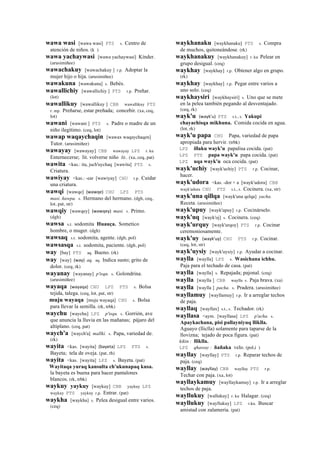 wawa wasi [wawa wasi] PTS s. Centro de
atención de niños. (k )
wawa yachaywasi [wawa yachaywasi] Kínder.
(arusimiñee)
wawachakuy [wawachakuy ] r.p. Adoptar la
mujer hijo o hija. (arusimiñee)
wawakuna [wawakuna] s. Bebés.
wawallichiy [wawallichiy ] PTS r.p. Preñar.
(lot)
wawallikuy [wawallikuy ] CBB wawallikuy PTS
r. mp. Preñarse, estar preñada; concebir. (xa, ceq,
lot)
wawani [wawani ] PTS s. Padre o madre de un
niño ilegítimo. (ceq, lot)
wawap waqaychaqin [wawax waqaychaqen]
Tutor. (arusimiñee)
wawayay [wawayay] CBB wawayay LPZ r. ku
Enternecerse; lit. volverse niño lit.. (xa, ceq, pat)
wawita <kas.: ita, juch'uychaq [wawita] PTS s.
Criatura.
wawiyay <kas.: -ear [wawiyay] CHU r.p. Cuidar
una criatura.
wawqi [wawqe] (wawqe)	
  	
  CHU LPZ PTS
masi. ñawpa. s. Hermano del hermano. (dgh, ceq,
lot, pat, str)
wawqiy [wawqey] (wawqey)	
  	
  masi. s. Primo.
(dgh)
wawsa s.t. sodomita Huauça. Sometico
hombre, o muger. (dgh)
wawsaq s.t. sodomita, agente. (dgh, pol)
wawsasqa s.t. sodomita, paciente. (dgh, pol)
way [bay] PTS aq. Bueno. (rk)
way [way] (way)	
  	
  aq. aq. Indica susto; grito de
dolor. (ceq, rk)
wayanay [wayanay] p'isqu. s. Golondrina.
(arusimiñee)
wayaqa (wayaqa)	
  	
  CHU LPZ PTS s. Bolsa
tejida, talega. (ceq, lot, pat, str)
muju wayaqa [muju wayaqa] CHU s. Bolsa
para llevar la semilla. (rk, trbk)
waychu [waychu] LPZ p'isqu. s. Gorrión, ave
que anuncia la lluvia en las mañanas; pájaro del
altiplano. (ceq, pat)
waych'a [waych'a] mallki. s. Papa, variedad de.
(rk)
wayita <kas. [wayita] (bayeta)	
  	
  LPZ PTS s.
Bayeta; tela de oveja. (pat, rh)
wayita <kas. [wayita] LPZ s. Bayeta. (pat)
Wayitaqa yuraq kansulta ch'ukunapaq kusa.
la bayeta es buena para hacer pantalones
blancos. (rk, trbk)
waykuy yaykuy [waykuy] CBB yaykuy LPZ
waykuy PTS yaykuy r.p. Entrar. (pat)
waykha [waykha] s. Pelea desigual entre varios.
(ceq)
waykhanaku [waykhanaku] PTS s. Compra
de muchos, quitoneándose. (rk)
waykhanakuy [waykhanakuy] r. ku Pelear en
grupo desigual. (ceq)
waykhay [waykhay] r.p. Obtener algo en grupo.
(rk)
waykhay [waykhay] r.p. Pegar entre varios a
uno solo. (ceq)
waykhaysiri [waykhaysiri] s. Uno que se mete
en la pelea también pegando al desventajado.
(ceq, rk)
wayk'u (wayk'u)	
  	
  PTS s.t., s. Yakupi
chayachisqa mikhuna. Comida cocida en agua.
(lot, rk)
wayk'u papa CHU Papa, variedad de papa
apropiada para hervir. (trbk)
LPZ illaku wayk'u papalisa cocida. (pat)
LPZ PTS papa wayk'u papa cocida. (pat)
LPZ uqa wayk'u oca cocida. (pat)
wayk'uchiy [wayk'uchiy] PTS r.p. Cocinar,
hacer.
wayk'udora <kas. -dor + a [wayk'udora] CBB
wayk'udora CHU PTS s.t., s. Cocinera. (xa, str)
wayk'una qillqa [wayk'una qelqa] yacha.
Receta. (arusimiñee)
wayk'upuy [wayk'upuy] r.p. Cocinárselo.
wayk'uq [wayk'oj] s. Cocinera. (ceq)
wayk'urquy [wayk'urqoy] PTS r.p. Cocinar
ceremoniosamente.
wayk'uy (wayk'uy)	
  	
  CHU PTS r.p. Cocinar.
(ceq, lot, str)
wayk'uysiy [wayk'uysiy] r.p. Ayudar a cocinar.
waylla [waylla] LPZ s. Wasichana ichhu.
Paja para el techado de casa. (pat)
waylla [waylla] s. Repajada; pajonal. (ceq)
waylla [waylla ] CBB waylla s. Paja brava. (xa)
waylla [waylla ] pacha. s. Pradera. (arusimiñee)
wayllamuy [wayllamuy] r.p. Ir a arreglar techos
de paja.
wayllaq [wayllax] s.t., s. Techador. (rk)
wayllasa <aym. [wayllasa] LPZ p'acha. s.
Apaykachana, pisi pallayniyuq lliklla.
Aguayo (lliclla) solamente para taparse de la
llovizna; tejado de poca figura. (pat)
kikin : lliklla.
LPZ qhaway : ñañaka velo. (pol,i )
wayllay [wayllay] PTS r.p. Reparar techos de
paja. (ceq)
wayllay (wayllay)	
  	
  CBB wayllay PTS r.p.
Techar con paja. (xa, lot)
wayllaykamuy [wayllaykamuy] r.p. Ir a arreglar
techos de paja.
wayllukuy [wallukuy] r. ku Halagar. (ceq)
wayllukuy [wayllukuy] LPZ r.ku. Buscar
amistad con zalamería. (pat)
 