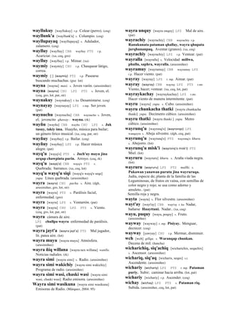 wayllukuy [wayllukuy] r.p. Colear (perro). (ceq)
wayllunk'a [wayllunk'a] s. Columpio. (ceq)
wayllupayaq [wayllupayaj] s. Adulador,
zalamero. (ceq)
waylluy [waylluy] CBB waylluy PTS r.p.
Acariciar. (xa, ceq, gro)
waylluy [waylluy] r.p. Mimar. (xa)
waymiy [waymiy] CHU r.p. Chasquear látigo,
correa.
waymiy [ ] (waymiy)	
  	
  PTS r.p. Pasearse
buscando muchachas. (guz lot)
wayna [wayna] masi. s. Joven varón. (arusimiñee)
wayna (wayna)	
  	
  CHU LPZ PTS s. Joven, el.
(ceq, gro, lot, pat, str)
waynakuy [waynakuy] r. ku Desamistarse. (ceq)
waynayay [waynayay] LPZ r.mp. Ser joven.
(pat)
waynuchu [waynuchu] CBB waynucho s. Joven,
el; jovencito qhaway : wayna. (rk)
wayñu [wayñu] CBB wayñu CHU LPZ s. Juk
tusuy, takiy ima. Huayño, música para bailar;
un género lírico musical. (xa, ceq, pat, str)
wayñuy [wayñuy] r.p. Bailar. (ceq)
wayñuy [wayñuy] LPZ r.p. Hacer música
alegre. (pat)
wayq'u [wayq'o] PTS s. Juch'uy mayu jina
urqup chawpinta purin. Arroyo. (ceq, rk)
wayq'u (wayq'o)	
  	
  CBB wayq'o PTS s.
Quebrada; barranco. (xa, ceq, lot)
wayq'u wayq'u siqi [wayq'o wayq'o seqe]
yupa. Línea quebrada. (arusimiñee)
wayra (wayra)	
  	
  CHU pacha. s. Aire. (dgh,
arusimiñee, gro, lot, str)
wayra [wayra] PTS s. Parálisis facial,
enfermedad. (gro)
wayra [wayra] LPZ s. Ventarrón. (pat)
wayra [wayra] CHU LPZ PTS s. Viento.
(ceq, gro, lot, pat, str)
wayra cámara de aire.
LPZ chullpa wayra enfermedad de parálisis.
(pat)
wayra jayt'a (wayra	
  jayt'a)	
  	
  PTS Mal jugador,
lit. patea aire. (lot)
wayra muyu [wayra muyu] Atmósfera.
(arusimiñee)
wayra ñiq willana [wayra nex willana] wanlla.
Noticias radiales. (rk)
wayra simi [wayra simi] s. Radio. (arusimiñee)
wayra simi wakichiy [wayra simi wakichiy]
Programa de radio. (arusimiñee)
wayra simi wasi, chaski wasi [wayra simi
wasi, chaski wasi] Radio emisora. (arusimiñee)
Wayra simi wasikuna [wayra simi wasikuna]
Emisoras de Radio. (Márquez, 2004: 95)
wayra unquy [wayra onqoy] LPZ Mal de aire.
(pat)
wayrachiy [wayrachiy] CBB wayrachiy r.p.
Ranukunata pataman qhallay, wayra qhupata
jurqhunanpaq. Aventar (granos). (xa, ceq)
wayrachiy [wayrachiy] LPZ r.p. Ventear. (pat)
wayralla [wayralla] s. Velocidad millwa,
phullu, saphra, wayralla. (arusimiñee)
wayramuy [wayramuy] CBB wayramuy LPZ
r.p. Hacer viento. (pat)
wayray [wayray] LPZ r. mp. Airear. (pat)
wayray (wayray)	
  	
  CBB wayray LPZ PTS r.mr.
Viento, hacer; ventear. (xa, ceq, lot, pat)
wayraykachay [wayraykachay] LPZ r.mr.
Hacer viento de manera intermitente. (pat)
wayru [wayru] yupa. s. Cubo. (arusimiñee)
wayru chunkacha thatki [wayru chunkacha
thaski] yupa. Decímetro cúbico. (arusimiñee)
wayru thatki [wayru thaski ] yupa. Metro
cúbico. (arusimiñee)
wayrunq'u [wayronq'o] (wayronqo)	
  	
  LPZ
wanquyru s. Abeja silvestre. (dgh, ceq, pat)
wayrunq'u [wayrunq'o] PTS wayronq'o khuru.
s. Abejorro. (lot)
wayrunq'u misk'i (wayronq'o	
  misk'i)	
  	
  PTS
Miel. (lot)
wayruru [wayruru] khuru. s. Araña viuda negra.
(lot)
wayruru (wayruru)	
  	
  LPZ PTS mallki. s.
Pukawan yanawan purutu jina wayruruqa.
Judía, especie de; planta de la familia de las
Leguminosas, de frutos en vaina, con semillas de
color negro y rojo; se usa como adorno y
amuleto.. (pat)
Semilla roja y negra.
wayta [wayta] s. Flor silvestre. (arusimiñee)
wayt'ay [wayt'ay] CBB wayt'ay r. ku Nadar,
bañarse Huayttani. Nadar.. (xa, ceq)
wayu, puquy [wayu, poqoy] s. Fruto.
(arusimiñee)
wayway [wayway] r. mp. Pisiyay. Menguar,
decrecer. (ceq)
wayway [yawyay] CHU r.p. Mermar, disminuir.
wch [wch] qillqa. s. Waranqap chunkan.
Decena de mil. (ñancha)
wicharichiq, siq'achiq [wicharichix, seqachix]
s. Ascensor. (arusimiñee)
wichariq, siq'aq [wicharix, seqax] s.t.
Ascendente. (arusimiñee)
wichariy (wichariy)	
  	
  LPZ PTS r. mp. Pataman
puriy. Subir; caminar hacia arriba. (lot, pat)
wichariy [wichariy] r.p. Ascender. (ceq)
wichay (wichay)	
  	
  LPZ PTS s. Pataman riq.
Subida. (arusimiñee, ceq, lot, pat)
 