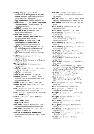 wichay uray [wichay uray] Mana
pampallachu, wakinñiq pataman, wakinñiq
uraman. Desigual, superficie (camino, lugar
con cuestas arriba y abajo). (dgh)
Mana allin ruwasqa. Trabajo mal hecho. (rk)
wichis [wichis] LPZ ñin. Uwijata patañiqman
rinanpaq qhapariy. Dirigir hablando a las
ovejas hacia arriba. (pat)
wichkha! [¡wishkha!] PTS aq. Ay!. (gro)
wichq'a k'uchu [wisq'a k'uchu] yupa. s.
Ángulo agudo. (arusimiñee)
wichq'ana [wisq'ana] CHU LPZ s.
Yaykunata lluqsinata jap'iykunan. Tranca,
asegura la entrada/salida. (pat, rk)
wichq'aq tuyru [wisq'ax tuyru] s. Juk
sut'inchaq rimayta wichq'aykun, yari
rimaypi. Paréntesis. (arusimiñee, ñancha)
wichq'aray [wisq'aray] (wisq'aray)	
  	
  LPZ r.p.
Juk sut'inchaq rimayta wichq'aykun, yari
rimaypi. Abrir la tranca o puerta. (pat)
wichq'asqa [wisq'asqa] wanlla. ph. Arrestado.
(rk)
wichq'asqa (wisq'asqa)	
  	
  LPZ PTS ph.
Cerrado. (lot, pat)
wichq'asqa tapuy [wisq'asqa tapuy] Pregunta
cerrada. (arusimiñee)
Wichq'asqakuna [wisq'asqakuna] simi.
Cerradas. (ab)
wichq'ay [wisq'ay] CBB LPZ PTS wanlla.
r.p. Cerrar. (xa, ceq, gro, lot, pat, rk)
wichq'ay s. oclusión. (rk)
wichq'aykuy [wisq'aykuy] r.p. Encerrar.
wichullu [wichullu] LPZ mallki. s. Planta
medicinal, crece en lugares más frígidos, sirve
para maltrataduras. (pat)
wichhu [ichhu] LPZ mallki. s. Paja. (pat)
wichhu wichhu [wichhu wichhu] LPZ PTS
s. Pajonal. (pat)
wich'i (wich'i)	
  	
  CBB wich'i CHU PTS sañu. s.
Cántaro de boca ancha. (arusimiñee, lot)
wich'i [wich'i] s. Tinaja mediana de cuello ancho
kikin : wirkhi. (xa, ceq)
wich'u [wich'u] ukhu. s. Hueso del brazo o
muslo. (lay)
chanka wich'u fémur.
rikra wich'u húmero.
wich'ukata [wichk'ata, wichkata] LPZ awa. s.
Herramienta para tejer en telar de suelo. (pat)
wich'ukata [wich'ukata] LPZ PTS awa. s.
Lanzadera en el telar. (rh)
wich'un, maman tullu, chaka tullu
[wich'un, maman tullu, chaka tullu] ukhu. s. Fémur.
(arusimiñee)
wich'uña [wich'uña] (wich'una)	
  	
  LPZ PTS
awa. s. Tupidor, usualmente de hueso de llama.
(ceq, lot, pat)
wich'uy [wich'uy] LPZ awa. r.p. Tupir; apretar
las hebras golpeándolas con el tupidor. (ceq, pat)
wich'uykuy [wich'uykuy] PTS r.p. Tupir bien
al tejer.
wikch'uchikuy [wijch'uchikuy] LPZ r.ku.
Hacerse botar. (pat)
wikch'umuy [wijch'umuy] r.p. Ir a botar.
wikch'urakuy [wijch'urakuy] PTS r. mp.
Echarse todos.
wikch'urakuy [wijch'urakuy] LPZ r.ku.
Caerse, tirarse uno (p ej. Después de
emborracharse). (pat, rk)
wikch'uramuy [wijch'uramuy] r.p. Echar todo o
a todos, ir a.
wikch'uramuy [wijch'uramuy] LPZ PTS r.p.
Ir a botar (todo). (pat)
wikch'uray [wijch'uray] r.p. Botar (todo).
wikch'urayay [wijch'urayay] LPZ r.mp. Estar
en el suelo. (pat)
wikch'urqamuy [wijch'urqamuy] r.p. Ir a
botarlo afuera.
wikch'urquy [wich'urqoy] PTS wijch'urqoy r.p.
Botar afuera.
wikch'uy [wijch'uy] (wijch'uy)	
  	
  CBB wijch'uy
LPZ PTS wijch'uy r.p. Kay simitaqa imatapis
wikch’unapaq apaykachakun. Botar; echar,
desechar. (xa, ñancha, ceq, gro, lot, pat)
wikch'uy CHU wisch'uy r.p. Descargar,
despedir, remover (de oficio). (str)
wiksa [wisa] CBB wisa LPZ PTS ukhu. s.
Ukhup phatman, qhasqup uranpi. Barriga.
(pat)
wiksa [wisa] (wijsa)	
  	
  CHU ukhu. s. Estómago.
(xa, lot, str)
wiksa [wijsa, wisa] ukhu. s. Útero. (ceq)
wiksa [wisa] ukhu. s. Vientre. (xa, ceq)
t'anta wiksa aficionado al pan.
wiksayuq [wisayox] LPZ s.t., s. Embarazada.
(pat)
wiksayuq [wisayox] (wijsayoj)	
  	
  PTS s.t., s.
Preñada. (ceq, lot)
wiksa nanay [wisa nanay] LPZ Dolor de
estómago. (pat)
wiksa q'iwiy [wisa q'ewiy] Retorcijones del
estómago. (rk)
wiksallikuy [wisallikuy] (wijsallikuy)	
  	
  PTS r.mp.
Empreñarse. (lot)
wiksasapa [wisasapa] CBB wisasapa LPZ s.t.,
s. Barrigón. (xa, pat)
wiksilita <kas. [wiksilita] s. Bicicleta.
(arusimiñee)
 