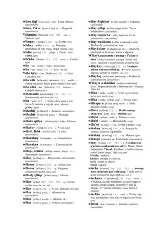 wiksu siqi [wijsu seqe] yupa. Línea oblicua.
(arusimiñee)
wiksu, t'iksu [wijsu, t'ijsu] s.t., s. Diagonal.
(arusimiñee)
Wiktucha [bijtucha] LPZ PTS suti. s.
Victoria. (pat)
wikupay [wikupay] CHU r.p. Estirar. (str)
wikhay [wikhay] CHU r.p. Destupir;
despedazar la ropa vieja; rasgar (telas). (ceq)
wikhu [wikhu] LPZ p'isqu. s. Perdiz kikin :
yuthu. (pat)
wik'uña [bik'uña] LPZ PTS uywa. s. Vicuña.
(pat)
wila <kas. [wila] s. Vela. (arusimiñee)
wila <kas. [bela] CHU s. Vela. (str, rk)
Wila Krus <kas. [Bela kruz] CHU s. Cruz
verdadera. (str)
wila wila [wila wila] (wira	
  wira)	
  	
  LPZ mallki. s.
Planta medicinal buena para calmar la tos. (pat)
wila wira <kas. [bela wira] CBB belawira s.
Candela rústica. (xa)
wiltamanta (wiltamanta)	
  	
  CHU PTS r.t.
Nuevamente, otra vez. (lot, rk)
wilu [wilu] LPZ s. Brotes de la papa y oca
fuera de la tierra y bajo la tierra qhaway :
p'utuy. (pat)
willachiy [willachiy] s. Anuncio. (arusimiñee)
willachiy [willachiy] qillqa. s. Mensaje.
(arusimiñee)
willaku qillqa [willaku qelqa] qillqa. Informe.
(arusimiñee)
willakuy [willakuy] LPZ s. Aviso. (pat)
willalli, lichi [willalli, lichi] s. Leche.
(arusimiñee)
willanakuy [willanakuy] r.p. Comunicarse.
(arusimiñee)
willanakuy [willanakuy] s. Comunicación.
(arusimiñee)
willapi, aruma [willapi, aruma] llimp'i. s.t., s.
Anaranjado. (arusimiñee)
willaq [willax] s.t., s. Informante, entrevistado.
(arusimiñee)
willaray [willaray] LPZ r.p. Avisar. (pat)
willaray [willaray] LPZ r.p. Pregonar;
comunicar a todos. (ceq, pat)
willariy qillqa [wilariy qelqa] Informe.
(arusimiñee)
willay (willay)	
  	
  CHU LPZ PTS r.p. Avisar,
contar. (ceq, lot, pat, str)
willay [willay] LPZ s. Aviso; mensaje. (lot, pat)
willay [willay] qillqa. s. Información.
(arusimiñee)
willay [willay] wanlla. s. Informe. (rk)
willay [willay] qillqa. s. Noticia. (arusimiñee)
willay ñiqichay [willay ñeqechay] Esquema.
(arusimiñee)
willay qillqa [willay qelqa] qillqa. Texto
informativo. (arusimiñee)
willay raphicha [willay laphicha] Ficha
informativa. (arusimiñee)
willay wasikuna [willay wasikuna] wanlla.
Medios de comunicación. (rk)
willaykukuy [willaykukuy] r.ku. Tomarse la
prerrogativa de avisar, acusar a alguien.
Willaykunamanta yuyaqay t'ukuriy
ima [willaykunamanta yuyaqay t'ukuriy ima]
k'uski. Análisis e interpretación de datos. (ab)
willaykuy [willaykuy] LPZ r.p. Imatapis
allinta wakman willakuy. Avisarle, acusar a
alguien, contar un secreto. (pat, rk)
willayñiq [willaynex] (willayniq)	
  	
  s. Medios de
comunicación. (arusimiñee)
Willayta wakichina [willayta wakichina]
k'uski. Organización de la información. (Márquez,
2004: 80)
willka [willka] mallki. s. Árbol cuya corteza
sirve para curtir. (ceq)
willka [willka] (villca)	
  	
  masi. s. Nietos. (dgh)
willkaparu [willka paru] mallki. s. Maíz
amarillo oscuro. (ceq)
willma [willma] LPZ s. Wakin uywap
chukchan. Lana kikin : millma. (pat)
willqhi [welqhe] ukhu. s. Abdomen. (ceq)
willqhi [welqhe] s.t. Desalineado. (ceq)
willq'uy [welq'oy] r. mp. Sorber a golpes. (ceq)
winakuy [winakuy] CHU r.ku. Arreglar la
camisa, poner en el pantalón.
winakuy [winakuy] LPZ r.ku. Meterse. (pat)
winasqa [winasqa] ph. Embolsado. (arusimiñee)
winay [winay] LPZ PTS r.p. As kallpawan
p'achata wakkunatawan sat'iy. Meter; llenar
empujando Vinani. Recalcar, o meter como en
costal, hazer carga.. (dgh, ceq, pat)
k'ichñiy embutir.
khakay encajar a la fuerza.
sat'iy meter un objeto.
winay taquear.
wincha [wincha] CBB LPZ PTS s. Awasqa,
uma chukchata jap'ichinapaq. Tejido que se
pone las mujeres. (dgh, h&h, pat, pol )
winchuka <? [binchuka] CBB PTS khuru. s.
Vinchuca, insecto hemíptero, de color negro o
castaño, chupa sangre, transmite el mal de
chagas; (Triatoma infestans). (ceq, h&h, lot,
encarta)
winchhu [winchhu] LPZ rumi. s. Piedra roja
lisa, acompaña el oro, hay en lugares auríferos.
(pat)
winista <kas. [winista] s. Lámina (venesta).
(arusimiñee)
 