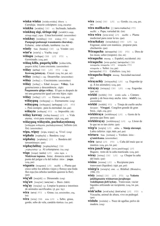 winku winku [winku-winku] khuru. s.
Carraleja; insecto coleóptero. (ceq, encarta)
winkhu [winkhu] CHU s.t. Inclinado, ladeado.
winkhuq siqi, sirisqa siqi [winkhUx seqe,
sirisqa seqe] yupa. Línea horizontal. (arusimiñee)
winkhuy [winkhuy] CBB winkuy PTS r.mp.
Pampapi puñunapi wasamanta churakuy.
Echarse; estar echado, tumbarse. (xa, rk)
wintiy <kas. [bendey] CHU r.p. Vender. (str)
wint'u [wint'u] s. Vuelta. (ceq)
wiñapu [wiñapu] CBB LPZ PTS s.
Germinado. (ceq, pat)
wiñaq killa, paqariq killa [wiñax killa,
paqarix killa] Luna creciente. (arusimiñee)
wiñay (wiñay)	
  	
  CHU LPZ PTS r. mp.
Kawsaq jatunyay. Crecer. (ceq, lot, pat, str)
wiñay [wiñay] r. mp. Desarrollar. (arusimiñee)
wiñay [wiñay] s. Crecimiento. (arusimiñee)
wiñay [wiñay] s. Edad ñawpan : Viñay. Las
generaciones y descendencia.. (dgh)
Ñuqamanta qhipa wiñay. El que es después de
mi una generación igual con mis hijos. (dgh)
wiñay [wiñay] LPZ s.t. Eterno. (ceq, pat)
wiñaypaq [wiñaypaj] r.t. Eternamente. (ceq)
wiñaypaq [wiñaypax] (wiñaypaj)	
  	
  LPZ PTS
s. Para siempre; para la eternidad. (lot, pat)
wiñayta [wiñayta] PTS r.t. Imposible. (rk)
wiñay kawsay [wiñay kausay] LPZ s. Vida
eterna; vivir para siempre. (dgh, ceq, pat)
wiñaypaq wiñaynin, puchukayninnaq
[wiñaypax wiñaynin, puchukayninnax] Infinito (sin
fin). (arusimiñee)
wipa, wipay [wipa, wipay] aq. Viva!. (ceq)
wiphala [wiphayla] s. Bandera. (ceq)
wiphalay [wiphalay] LPZ s. Bandera del
tawantinsuyo. (pat)
wiphaylalitay [wiphaylalitay] CBB
¡wiphaylalitáy! ja. Al columpiarse. (xa, ceq)
wiqu [weqo] (weko)	
  	
  LPZ wiku tupu. s.
Makiwan tupuna. Jeme; distancia entre la
punta del pulgar a la del índice kikin : yuqu.
(ceq, pat)
wiquntu [weqonto] LPZ mallki. s. Planta que
crece sobre los árboles viejos y florece una linda
flor roja (los árboles también quieren la flor).
(pat)
wiq'ali [weq'ali] s.t. Desaseado. (ceq)
wiq'aw [weq'aw] (weq'aw)	
  	
  s. Bazo. (h&h)
wiq'ay [weq'ay] r.p. Limpiar la panza e intestinos
de animales sacrificados. (jl, guz lay)
wira (wira)	
  	
  PTS s. Grasa. (xa, arusimiñee, ceq,
lot)
wira [wira] CBB wira LPZ s. Sebo; grasa,
gordo, sebo de vela, candela rústica. (xa, pat)
wira [wira] CHU LPZ s.t. Gordo. (xa, ceq, pat,
str)
wira mallkachu [ ] (wira	
  malkachu)	
  	
  PTS
mallki. s. Papa, variedad de. (lot)
wira wira [wira wira] LPZ mallki. s. Planta
medicinal para curar la tos. (pat)
wirachakuy [wirachakuy] CHU LPZ r.p.
Engrasar, untar con manteca; preparar para
chicharrón. (pat)
Wiraqucha (wiraqocha)	
  	
  CHU PTS s. Dios de
los incas; señor (respeto). (lot, str)
wiraqucha musuq. s. Español, occidental. (rk)
wiraqucha [wira qocha] (wirajucha	
  )	
  	
  CBB
weraqocha, wiraqocha LPZ wirajucha PTS
wiraqocha s. Señor. (xa, pat)
(wiraqoche)	
  	
  PTS Caballero. (ceq, lot)
wiraqucha llaqta musuq. Sociedad nacional.
(rk)
wirayachiy [wirayachiy] LPZ r.p. Engordar (p
ej. A los animales). (ceq, pat)
wirayay [wirayay] CHU LPZ r. mp. Engordar.
(pat, str)
wirkhi [wirkhi] CBB wirkhi sañu. s. Cántaro
grande y de boca muy ancha kikin : wich'i. (xa,
arusimiñee)
wirkhi [wirkhi] PTS s. Tinaja de cuello ancho
ñawpan : Virqqui. Cangilon grande de gran
boca.. (dgh, ceq, gro)
wirkhiraya [wirkhiraya] LPZ s. Gesto de la
persona que llora. (pat)
wirkhirayay [wirkhirayay] LPZ r.p. Llorar de
lo que no es tan cierto. (pat)
wirp'a [wirp'a] LPZ ukhu. s. Simip sinrunpi.
Labio inferior. (dgh, h&h, pol, pat)
wirtura <kas. [wirtura] s. Verdura kikin :
q'umirkuna. (arusimiñee)
wiru (wiru)	
  	
  LPZ PTS s. Caña del maíz que se
mastica. (ceq, gro, lot, pat)
wiru janch'usqa [wiru janch'usqa] LPZ
Bagazo; resto de la caña masticada. (ceq, pat)
wiruy [wiruy] CHU LPZ r.p. Chupar la caña
del maíz. (pat)
wisina [wisina] LPZ s. Recipiente para
transvasar (líquidos). (dgh, pat, pol)
wisirp'a [wisirp'a] simi. s.t. Bilabial. (Montalvo,
1996: 23)
wisiy [wisiy] CHU LPZ PTS r.p. Yakuta
jukñiqmanta wisinawan jurqhuspa
wakñiqman jich'aykuy. Transvasar, vaciar
líquidos utilizando un recipiente. (ceq, lot, pat,
pol)
wisk'acha [wisk'acha] (bisk'acha)	
  	
  LPZ PTS s.
Vizcacha, animal de altura, vive en pedregal.
(pat)
wislulu [wislulu] s. Nuez de agallas; polvo de
madera. (ceq)
 