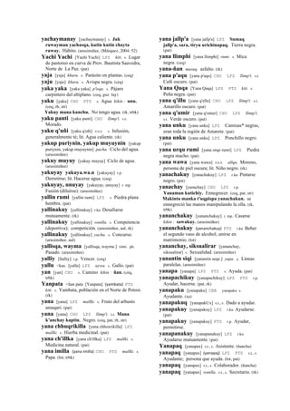 yachaymanay [yachaymanay] s. Juk
ruwayman yachasqa, kutin kutin chayta
ruway. Hábito. (arusimiñee, (Márquez, 2004: 52)
Yachi Yachi [Yachi Yachi] LPZ kiti. s. Lugar
de pastoreo en curva de Prov. Bautista Saavedra,
Norte de La Paz. (pat)
yaja [yaja] khuru. s. Parásito en plantas. (ceq)
yaju [yajo] khuru. s. Avispa negra. (ceq)
yaka yaka [yaka yaka] p'isqu. s. Pájaro
carpintero del altiplano. (ceq, guz lay)
yaku [yaku] CHU PTS s. Agua kikin : unu.
(ceq, rh, str)
Yakuy mana kanchu. No tengo agua. (rk, trbk)
yaku panti [yaku panti] CHU llimp'i. s.t.
Morado.
yaku q'uñi [yaku q'oñi] sxx s. Infusión,
generalmente té; lit. Agua caliente. (rk)
yakup puriynin, yakup muyuynin [yakup
puriynin, yakup muyuynin] pacha. Ciclo del agua.
(arusimiñee)
yakuy muyuy [yakuy muyuy] Ciclo de agua.
(arusimiñee)
yakuyay yakuya.wa.n [yakuyay] r.p.
Derretirse; lit. Hacerse agua. (ceq)
yakuyay, unuyay [yakuyay, unuyay] r. mp.
Fusión (diluirse). (arusimiñee)
yallin rumi [yallin rumi] LPZ s. Piedra plana
hembra. (pat)
yallinakuy [yallinakuy] r.ku Desafiarse
mutuamente. (rk)
yallinakuy [yallinakuy] wanlla. s. Competencia
(deportiva); competición. (arusimiñee, aul, rk)
yallinakuy [yallinakuy] yacha. s. Concurso.
(arusimiñee, aul)
yallisqa, wayma [yallisqa, wayma ] simi. ph.
Pasado. (arusimiñee)
yalliy [llalliy] r.p. Vencer. (ceq)
yallu <kas. [yallu] LPZ uywa. s. Gallo. (pat)
yan [yan] CHU s. Camino kikin : ñan. (ceq,
trbk)
Yanpata <ñan pata [Yanpata] (yambata)	
  	
  PTS
kiti. s. Yambata, población en el Norte de Potosí.
(rk)
yana [yana] LPZ mallki. s. Fruto del arbusto
amaqari. (pat)
yana [yana] CHU LPZ llimp'i. s.t. Mana
k'anchay kaptin. Negro. (ceq, pat, rh, str)
yana chhuqrikilla [yana chhoxrikilla] LPZ
mallki. s. Hierba medicinal. (pat)
yana ch'illka [yana ch'illka] LPZ mallki. s.
Medicina natural. (pat)
yana imilla (yana	
  imilla)	
  	
  CHU PTS mallki. s.
Papa. (lot, trbk)
yana jallp'a [yana jallp'a] LPZ Sumaq
jallp'a, sara, tiryu urichinapaq. Tierra negra.
(pat)
yana llimphi [yana llimphi] rumi. s. Mica
negra. (ceq)
yana-ñan musuq. asfalto. (rk)
yana p'aqu [yana p'aqo] CHU LPZ llimp'i. s.t.
Café oscuro. (pat)
Yana Qaqa [Yana Qaqa] LPZ PTS kiti. s.
Peña negra. (pat)
yana q'illu [yana q'ellu] CHU LPZ llimp'i. s.t.
Amarillo oscuro. (pat)
yana q'umir [yana q'omer] CHU LPZ llimp'i.
s.t. Verde oscuro. (pat)
yana unku [yana unku] LPZ Camisas* negras,
eran toda la región de Amarete. (pat)
yana unku [yana unku] LPZ Ponchillo negro.
(pat)
yana urqu rumi [yana orqo rumi] LPZ Piedra
negra macho. (pat)
yana wawa [yana wawa] sxx allqu. Moreno,
persona de piel oscura; lit. Niño negro. (rk)
yanachakuy [yanachakuy] LPZ r.ku Pintarse
negro. (pat)
yanachay [yanachay] CHU LPZ r.p.
Yanaman kutichiy. Ennegrecer. (ceq, pat, str)
Makinta manka t'uqpispa yanachakun. se
ennegreció las manos manipulando la olla. (rk,
trbk)
yananchakuy [yananchakuy] r. mp. Casarse
kikin : sawakuy. (arusimiñee)
yananchakuy (yananchakuy)	
  	
  PTS r.ku Beber
el segundo vaso de alcohol; unirse en
matrimonio. (lot)
yananchay, siksualirar [yananchay,
siksualirar] s. Sexualidad. (arusimiñee)
yanantin siqi [yanantin seqe ] yupa. y. Líneas
paralelas. (arusimiñee)
yanapa [yanapa] LPZ PTS s. Ayuda. (pat)
yanapachikuy [yanapachikuy] LPZ PTS r.p.
Ayudar, hacerse. (pat, rk)
yanapaku [yanapaku] CBB yanapaku s.
Ayudante. (xa)
yanapakuq [yanapakUx] s.t., s. Dado a ayudar.
yanapakuy [yanapakuy] LPZ r.ku Ayudarse.
(pat)
yanapakuy [yanapakuy] PTS r.p. Ayudar,
permitirse.
yanapanakuy [yanapanakuy] LPZ r.ku
Ayudarse mutuamente. (pat)
Yanapaq [yanapax] s.t., s. Asistente. (ñancha)
yanapaq [yanapax] (yanapaj)	
  	
  LPZ PTS s.t., s.
Ayudante; persona que ayuda. (lot, pat)
yanapaq [yanapax] s.t., s. Colaborador. (ñancha)
yanapaq [yanapax] wanlla. s.t., s. Secretario. (rk)
 