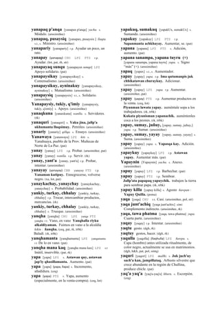 yanapaq p'anqa [yanapax p'anqa] yacha. s.
Módulo. (arusimiñee)
yanapaq, pusaysiq [yanapax, pusaysix ] llaqta.
s.t., s. Ministro. (arusimiñee)
yanapariy [yanapariy] r.p. Ayudar un poco, un
rato.
yanapay (yanapay)	
  	
  CHU LPZ PTS r.p.
Ayudar. (lot, pat, rh, str)
yanapayaq sunqu [yanapayax sonqo] LPZ
Apoyo solidario. (pat)
yanapaysikuy [yanapaysikuy] s.
Comensalismo. (arusimiñee)
yanapaysikuy, ayninakuy [yanapaysikuy,
ayninakuy] s. Mutualismo. (arusimiñee)
yanapaysiq [yanapaysix] s.t., s. Solidario.
(arusimiñee)
Yanapaysiy, tukiy, q'imiy [yanapaysiy,
tukiy, q'emiy] s. Apoyo. (arusimiñee)
yanaqkuna [yanaxkuna] wanlla. s. Servidores.
(rk)
yanaquri [yanaqori] s. Yaku jina, jallp'a
ukhumanta lluqsimuy. Petróleo. (arusimiñee)
yanariy [yanariy] qillqa. s. Ensayo. (arusimiñee)
Yanawaya [yanawaya] LPZ kiti. s.
Yanahuaya, pueblo de la Prov. Muñecas de
Norte de La Paz. (pat)
yanay [yanay] LPZ r.p. Probar. (arusimiñee, pat)
yanay [yanay] wanlla. r.p. Servir. (rk)
yanay, yant'a [yanay, yant'a] r.p. Probar,
intentar. (arusimiñee)
yanayay (yanayay)	
  	
  CBB yanayay PTS r.p.
Yanaman kutipuy. Ennegrecerse, volverse
negro. (xa, lot, pat)
yanaykachay, yanaychay [yanaykachay,
yanaychay] s. Probabilidad. (arusimiñee)
yankiy, turkay, chhalay [yankiy, turkay,
chhalay] r.p. Trocar, intercambiar productos,
mercancías. (rk)
yankiy, turkay, chhalay [yankiy, turkay,
chhalay] s. Trueque. (arusimiñee)
yanqha [yanqha] CHU LPZ yanqa PTS
yanqha r.t. Vano, en vano Yanqhalla riyku
alkaldiyaman. Fuimos en vano a la alcaldía
kikin : ñanqha. (ceq, pat, rk, trbk)
Baladí. (rk, trbk)
yanqhamanta [yanqhamanta] LPZ yanqamanta
r.t De lo en vano. (pat)
yanqha mana kaq [yanqha mana kax] LPZ s.t
Inútil, inservible. (pat, rk)
yapa [yapa] LPZ s. Astawan quy, astawan
jap'iy qhasillamanta. Aumento. (pat)
yapa [yapa] (yapa,	
  llapa)	
  	
  s. Incremento,
añadidura. (ceq)
yapa (yapa)	
  	
  PTS s. Yapa, aumento
(especialmente, en la venta-compra). (ceq, lot)
yapakuq, sumakuq [yapakUx, sumakUx] s.
Sumando. (arusimiñee)
yapakuy [yapakuy] LPZ PTS r.p.
Sapanmanta achkhayay. Aumentar, se. (pat)
yapana [yapana] LPZ PTS s. Adición,
aumento. (pat)
yapana sanampa, yapana tuyru (+)
[yapana sanampa, yapana tuyru] yupa. s. Signo
“más” (+). (arusimiñee)
yapaq [yapax] s.t., s. Aumentador.
yapay [yapay] yupa. r.p. Ima qutumanpis juk
chhikatawan churaykuy. Adicionar.
(arusimiñee)
yapay [yapay] LPZ yupa. r.p. Aumentar.
(arusimiñee, pat)
yapay (yapay)	
  	
  PTS r.p. Aumentar productos en
la venta. (ceq, lot)
Piyunman lawata yapay. auméntale sopa a los
trabajadores. (rk, trbk)
Kukata piyunisman yapanachik. auméntenles
coca a los peones. (rk, trbk)
yapay, sumay, juñuy, [yapay, sumay, juñuy,]
yupa. r.p. Sumar. (arusimiñee)
yapay, sumay, yayay [yapay, sumay, yayay] s.
Suma. (arusimiñee)
yapay [yapay] yupa. s. Yapasqa kay. Adición.
(arusimiñee)
yapaykuy [yapaykuy] LPZ r.p. Astawan
yapay. Aumentar más. (pat)
Yapaynin [Yapaynin] yacha. s. Anexo.
(arusimiñee)
yapuy [yapuy] LPZ r.p. Barbechar. (pat)
yapuy [yapuy] PTS r.p. Sembrar.
Jallp'ata papapaq yapuychik. trabajen la tierra
para sembrar papa. (rk, trbk)
yapuy killa [yapuy killa] s. Agosto ñawpan :
Yapuy Quilla. (poma)
yaqa [yaqa] CHU r.t. Casi. (arusimiñee, pol, str)
yaqa junt'achiq [yaqa junt'achix] simi.
Complemento indirecto. (arusimiñee, rk)
yaqa, tawa phatma [yaqa, tawa phatma] yupa.
Cuarta parte. (arusimiñee)
yaqay [yaqay] r.p. Intentar. (arusimiñee)
yaqtu gesto. (dgh, rk)
yaqtuy gestos, hacer. (dgh, rk)
yaqulla [yaqolla] (llaqhulla)	
  	
  LPZ ñawpa. s.
Capa (hombre) antes utilizada ritualmente, de
color negro, actualmente se usa en matrimonios.
(dgh, h&h, pat, pol, smtq)
yaquri [yaqori] LPZ mallki. s. Juk juch'uy
sach'a kan, jampillataq. Arbusto silvestre que
crece abundante en la región de Chullina,
produce chicle. (pat)
yaq'a yaq'a [yaq'a-yaq'a] khuru. s. Escorpión.
(ceq)
 