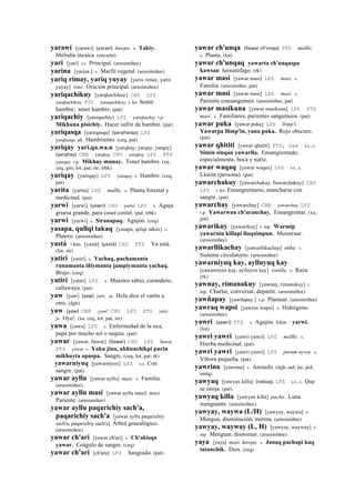 yarawí [yarawí] (yaraví)	
  	
  ñawpa. s. Takiy.
Melodía incaica. (encarta)
yari [yari] s.t. Principal. (arusimiñee)
yarina [yarina ] s. Marfil vegetal. (arusimiñee)
yariq rimay, yariq yuyay [yarix rimay, yarix
yuyay] simi. Oración principal. (arusimiñee)
yariqachikuy [yarqhachikuy] CHU LPZ
yarqhachikuy PTS yareqachikuy r. ku Sentir
hambre; tener hambre. (pat)
yariqachiy [yareqachiy] LPZ yariqhachiy r.p.
Mikhuna pisichiy. Hacer sufrir de hambre. (pat)
yariqasqa [yareqasqa] (yarqhasqa)	
  	
  LPZ
yarqhasqa ph. Hambriento. (ceq, pat)
yariqay yari.qa.wa.n [yarqhay; yarqay, yarqey]
(yarqhay)	
  	
  CBB yarqhay CHU yarqhay LPZ PTS
yareqay r.p. Mikhuy munay. Tener hambre. (xa,
ceq, gro, lot, pat, str, trbk)
yariqay [yareqay] LPZ yaraqay s. Hambre. (ceq,
pat)
yarita [yarita] LPZ mallki. s. Planta forestal y
medicinal. (pat)
yarwi [yarwi] (yawri)	
  	
  CHU yarwi LPZ s. Aguja
gruesa grande, para coser costal. (pat, trbk)
yarwi [yarwi] s. Siranapaq. Agujón. (ceq)
yasapa, qullqi takaq [yasapa, qolqe takax] s.
Platero. (arusimiñee)
yastá <kas. [yastá] (yastá)	
  	
  CHU PTS Ya está.
(lot, str)
yatiri [yatiri] s. Yachaq, pachamanta
runamanta iñiymanta jampiymanta yachaq.
Brujo. (ceq)
yatiri [yatiri] LPZ s. Maestro sabio, curandero,
callawaya. (pat)
yaw [yaw] (yaw)	
  	
  yaw. ja. Hola dice el varón a
otro. (dgh)
yaw (yaw)	
  	
  CBB ¡yaw! CHU LPZ PTS yaw.
ja. Oye!. (xa, ceq, lot, pat, str)
yawa [yawa] LPZ s. Enfermedad de la oca,
papa por mucho sol o sequía. (pat)
yawar [yawar, llawar] (llawar)	
  	
  CHU LPZ llawar
PTS yawar s. Yaku jina, ukhunchikpi purin
mikhuyta apaspa. Sangre. (ceq, lot, pat, rk)
yawarniyuq [yawarniyox] LPZ s.t. Con
sangre. (pat)
yawar ayllu [yawar ayllu] masi. s. Familia.
(arusimiñee)
yawar ayllu masi [yawar ayllu masi] masi.
Pariente. (arusimiñee)
yawar ayllu paqarichiy sach'a,
paqarichiy sach'a [yawar ayllu paqarichiy
sach'a, paqarichiy sach'a] Árbol genealógico.
(arusimiñee)
yawar ch'ari [yawar ch'ari] s. Ch'akisqa
yawar. Coágulo de sangre. (ceq)
yawar ch'ari [ch'ara] LPZ Sangrado. (pat)
yawar ch'unqa (llawar	
  ch'onqa)	
  	
  PTS mallki.
s. Planta. (lot)
yawar ch'unqaq yawarta ch'unqaspa
kawsan hematófago. (rk)
yawar masi [yawar masi] LPZ masi. s.
Familia. (arusimiñee, pat)
yawar masi [yawar masi] LPZ masi. s.
Pariente consanguíneo. (arusimiñee, pat)
yawar masikuna [yawar masikuna] LPZ PTS
masi. s. Familiares, parientes sanguíneos. (pat)
yawar puka [yawar puka] LPZ llimp'i.
Yawarpa llimp'in, yana puka. Rojo obscuro.
(pat)
yawar qhititi [yawar qhetiti] PTS, sxx s.t., s.
Simin sinqan yawarlla. Ensangrentado;
especialmente, boca y nariz.
yawar waqaq [yawar waqax] LPZ s.t., s.
Llorón (persona). (pat)
yawarchakuy [yawarchakuy, llawarchakuy] CHU
LPZ r. ku Ensangrentarse, mancharse con
sangre. (pat)
yawarchay [yawarchay] CBB yawarchay LPZ
r.p. Yawarwan ch'aranchay. Ensangrentar. (xa,
pat)
yawarikuy [yawarikuy] r. mp. Warmip
yawarnin killapi lluqsimpun. Menstruar.
(arusimiñee)
yawarllikachay [yawarllikachay] ukhu. s.
Sistema circulatorio. (arusimiñee)
yawarniyuq kay, aylluyuq kay
[yawarniyox kay, aylluyox kay] wanlla. s. Raza.
(rk)
yawnay, rimanakuy [yawnay, rimanakuy] r.
mp. Charlar, conversar, departir. (arusimiñee)
yawñapay [yawñapay ] r.p. Plantear. (arusimiñee)
yawraq wapsi [yawrax wapsi] s. Hidrógeno.
(arusimiñee)
yawri (yawri)	
  	
  PTS s. Agujón kikin : yarwi.
(lot)
yawri yawri [yawri yawri] LPZ mallki. s.
Hierba medicinal. (pat)
yawri yawri [yawri yawri] LPZ purum uywa. s.
Víbora pequeña. (pat)
yawrina [yawrina] s. Anzuelo. (dgh, aul, lai, pol,
smtq)
yawyaq [yawyax killa] (rabiaq)	
  	
  LPZ s.t., s. Que
se enoja. (pat)
yawyaq killa [yawyax killa] pacha. Luna
menguante. (arusimiñee)
yawyay, waywa (L/H) [yawyay, waywa] s.
Mengua, disminución, merma. (arusimiñee)
yawyay, wayway (L, H) [yawyay, wayway] r.
mp. Menguar, disminuir. (arusimiñee)
yaya [yaya] masi. ñawpa. s. Janaq pachapi kaq
tatanchik. Dios. (ceq)
 