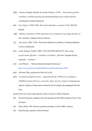 (h&s) Herrero, Joaquín; Sánchez de Lozada, Federico. (1974). Diccionario quechua-
castellano, castellano-quechua para hispanohablantes que estudian quechua.
Cochabamba: Instituto Maryknoll
(jal) Lira, Jorge A. (1982, 1941). Diccionario kkechuwa - español, 2a Ed., SECAB,
Bogotá.
(jdb) Berríos, José David. (1919). Elementos de la Gramática de la Lengua Keshua. La
Paz: Gonzáles y Medina Libreros Editores.
(jl) Lara, Jesús. (2001, 1978). Diccionario Qhëshwa-Castellano, Castellano-Qhëshwa.
La Paz-Cochabamba.
(lai) Laime Ajacopa, Teófilo. (2007). DICCIONARIO BILINGÜE. Iskay simipi
yuyayk’ancha, Quechua – Castellano, Castellano – Quechua. Segunda edición
mejorada. <<en línea>>
(lot) Lott, Philip S. – “Bolivian Quechua-English Dictionary.”
http://www.geocities.com/phillott/Bolivia/Dictionary02.htm.2000
(pat) Feliciano Patty, quechua del Norte de La Paz.
(pol) Vocabulario políglota incaico : comprende más de 12,000 voces castellanas y
100,000 de keshua del Cuzco, Ayacucho, Junín, Ancash y Aymará. Compuesto por
algunos religiosos Franciscanos misioneros de los colegios de propaganda fide del
Perú.
(poma) Poma de Ayala, Felipe Huamán. Nueva Coronica y Buen Gobierno.
(rh) Howard, Rosaleen, lingüista, datos del quechua de San Pedro de Buena Vista, Norte
de Potosí.
(rk) Plaza, Pedro. 1983. Glosario quechua-castellano. La Paz: INEL (mimeo)
(rk) Rumi Kancha, quechua, Norte de Potosí.
 