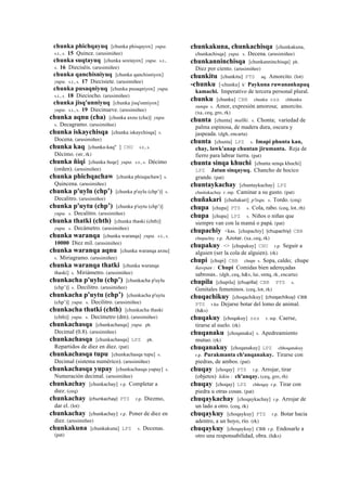 chunka phichqayuq [chunka phisqayox] yupa.
s.t., s. 15 Quince. (arusimiñee)
chunka suqtayuq [chunka soxtayox] yupa. s.t.,
s. 16 Dieciséis. (arusimiñee)
chunka qanchisniyuq [chunka qanchisniyox]
yupa. s.t., s. 17 Diecisiete. (arusimiñee)
chunka pusaqniyuq [chunka pusaqniyox] yupa.
s.t., s. 18 Dieciocho. (arusimiñee)
chunka jisq'unniyuq [chunka jisq'onniyox]
yupa. s.t., s. 19 Diecinueve. (arusimiñee)
chunka aqnu (cha) [chunka axnu (cha)] yupa.
s. Decagramo. (arusimiñee)
chunka iskaychisqa [chunka iskaychisqa] s.
Docena. (arusimiñee)
chunka kaq [chunka-kaq" ] CHU s.t., s.
Décimo. (str, rk)
chunka ñiqi [chunka ñeqe] yupa. s.t., s. Décimo
(orden). (arusimiñee)
chunka phichqachaw [chunka phisqachaw] s.
Quincena. (arusimiñee)
chunka p'uylu (chp’) [chunka p'uylu (chp’)] s.
Decalitro. (arusimiñee)
chunka p'uytu (chp’) [chunka p'uytu (chp’)]
yupa. s. Decalitro. (arusimiñee)
chunka thatki (chth) [chunka thaski (chth)]
yupa. s. Decámetro. (arusimiñee)
chunka waranqa [chunka waranqa] yupa. s.t., s.
10000 Diez mil. (arusimiñee)
chunka waranqa aqnu [chunka waranqa axnu]
s. Miriagramo. (arusimiñee)
chunka waranqa thatki [chunka waranqa
thaski] s. Miriámetro. (arusimiñee)
chunkacha p'uylu (chp’) [chunkacha p'uylu
(chp’)] s. Decilitro. (arusimiñee)
chunkacha p'uytu (chp’) [chunkacha p'uytu
(chp’)] yupa. s. Decilitro. (arusimiñee)
chunkacha thatki (chth) [chunkacha thaski
(chth)] yupa. s. Decímetro (dm). (arusimiñee)
chunkachasqa [chunkachasqa] yupa. ph.
Decimal (0.8). (arusimiñee)
chunkachasqa [chunkachasqa] LPZ ph.
Repartidos de diez en diez. (pat)
chunkachasqa tupu [chunkachasqa tupu] s.
Decimal (sistema numérico). (arusimiñee)
chunkachasqa yupay [chunkachasqa yupay] s.
Numeración decimal. (arusimiñee)
chunkachay [chunkachay] r.p. Completar a
diez. (ceq)
chunkachay (chunkachay)	
  	
  PTS r.p. Diezmo,
dar el. (lot)
chunkachay [chunkachay] r.p. Poner de diez en
diez. (arusimiñee)
chunkakuna [chunkakuna] LPZ s. Decenas.
(pat)
chunkakuna, chunkachisqa [chunkakuna,
chunkachisqa] yupa. s. Decena. (arusimiñee)
chunkanninchisqa [chunkanninchisqa] ph.
Diez por ciento. (arusimiñee)
chunkitu [chunkitu] PTS aq. Amorcito. (lot)
-chunku [-chunku] k' Paykuna ruwanankupaq
kamachi. Imperativo de tercera personal plural.
chunku [chunku] CBB chunku sxx chhunku
sunqu s. Amor, expresión amorosa; amorcito.
(xa, ceq, gro, rk)
chunta [chunta] mallki. s. Chonta; variedad de
palma espinosa, de madera dura, oscura y
jaspeada. (dgh, encarta)
chunta [chunta] LPZ s. Imapi phunta kan,
chay, lawk'anap chuntan jirumanta. Reja de
fierro para labrar tierra. (pat)
chunta sinqa khuchi [chunta senqa khuchi]
LPZ Jatun sinqayuq. Chancho de hocico
grande. (pat)
chuntaykachay [chuntaykachay] LPZ
chuntakachay r. mp. Caminar a su gusto. (pat)
chuñakari [chuñakari] p'isqu. s. Tordo. (ceq)
chupa [chupa] PTS s. Cola, rabo. (ceq, lot, rh)
chupa [chupa] LPZ s. Niños o niñas que
siempre van con la mamá o papá. (pat)
chupachiy <kas. [chupachiy] (chupachiy)	
  	
  CBB
chupachiy r.p. Azotar. (xa, ceq, rk)
chupakuy <> [chupakuy] CHU r.p. Seguir a
alguien (ser la cola de alguien). (rk)
chupi [chupi] CBB chupe s. Sopa, caldo; chupe
ñawpan : Chupi Comidas bien adereçadas
sabrosas.. (dgh, ceq, h&s, lai, smtq, rk, encarta)
chupila [chupila] (chupilla)	
  	
  CBB PTS s.
Genitales femeninos. (ceq, lot, rk)
chuqachikuy [choqachikuy] (choqachikuy)	
  	
  CBB
PTS r.ku Dejarse botar del lomo de animal.
(h&s)
chuqakuy [choqakuy] sxx r. mp. Caerse,
tirarse al suelo. (rk)
chuqanaku [choqanaku] s. Apedreamiento
mutuo. (rk)
chuqanakuy [choqanakuy] LPZ chhoqanakuy
r.p. Purakmanta ch'anqanakuy. Tirarse con
piedras, de ambos. (pat)
chuqay [choqay] PTS r.p. Arrojar, tirar
(objetos) kikin : ch'anqay. (ceq, gro, rh)
chuqay [choqay] LPZ chhoqay r.p. Tirar con
piedra u otras cosas. (pat)
chuqaykachay [choqaykachay] r.p. Arrojar de
un lado a otro. (ceq, rk)
chuqaykuy [choqaykuy] PTS r.p. Botar hacia
adentro, a un hoyo, río. (rk)
chuqaykuy [choqaykuy] CBB r.p. Endosarle a
otro una responsabilidad, obra. (h&s)
 
