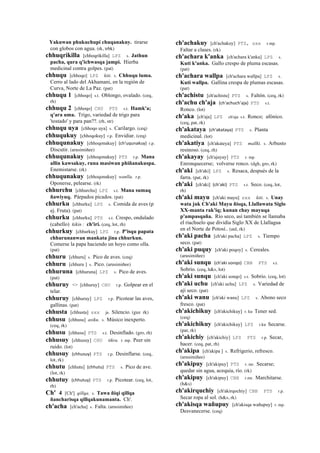Yakuwan phukuchupi chuqanakuy. tirarse
con globos con agua. (rk, trbk)
chhuqrikilla [chhoqrikilla] LPZ s. Jathun
pacha, qura q'ichwasqa jampi. Hierba
medicinal contra golpes. (pat)
chhuqu [chhoqo] LPZ kiti. s. Chhuqu luma.
Cerro al lado del Akhamani, en la región de
Curva, Norte de La Paz. (pat)
chhuqu 1 [chhoqo] s.t. Oblongo, ovalado. (ceq,
rh)
chhuqu 2 [chhoqo] CHU PTS s.t. Hamk'a;
q'ara uma. Trigo, variedad de trigo para
'tostado' y para pan??. (rh, str)
chhuqu uya [chhoqo uya] s. Carilargo. (ceq)
chhuqukuy [chhoqokuy] r.p. Envidiar. (ceq)
chhuqunakuy [chhoqonakuy] (ch'uqunakuy)	
  	
  r.p.
Discutir. (arusimiñee)
chhuqunakuy [chhoqonakuy] PTS r.p. Mana
allin kawsakuy, runa masiwan phiñanakuspa.
Enemistarse. (rk)
chhuqunakuy [chhoqonakuy] wanlla. r.p.
Oponerse, pelearse. (rk)
chhurchu [chhurchu] LPZ s.t. Mana sumaq
ñawiyuq. Párpados picados. (pat)
chhurku [chhurku] LPZ s. Comida de aves (p
ej. Fruta). (pat)
chhurku [chhurku] PTS s.t. Crespo, ondulado
(cabello) kikin : ch'iri. (ceq, lot, rh)
chhurkuy [chhurkuy] LPZ r.p. P'isqu papata
chhurunanwan mankata jina chhurkun.
Comerse la papa haciendo un hoyo como olla.
(pat)
chhuru [chhuru] s. Pico de aves. (ceq)
chhuru [chhuru ] s. Pico. (arusimiñee)
chhuruna [chhuruna] LPZ s. Pico de aves.
(pat)
chhuruy <> [chhuruy] CHU r.p. Golpear en el
telar.
chhuruy [chhuruy] LPZ r.p. Picotear las aves,
gallinas. (pat)
chhusta [chhusta] sxx ja. Silencio. (guz rk)
chhusu [chhusu] asiku. s. Músico inexperto.
(ceq, rk)
chhusu [chhusu] PTS s.t. Desinflado. (gro, rh)
chhusuy [chhusuy] CHU tikra. r. mp. Peer sin
ruido. (lot)
chhusuy (chhusuy)	
  	
  PTS r.p. Desinflarse. (ceq,
lot, rk)
chhutu [chhutu] (chhutu)	
  	
  PTS s. Pico de ave.
(lot, rk)
chhutuy (chhutuy)	
  	
  PTS r.p. Picotear. (ceq, lot,
rh)
Ch' 4 [Ch'] qillqa. s. Tawa ñiqi qillqa
ñancharisqa qillqakunamanta. Ch'.
ch'acha [ch'acha] s. Falta. (arusimiñee)
ch'achakuy [ch'achakuy] PTS, sxx r.mp.
Faltar a clases. (rk)
ch'achara k'anka [ch'achara k'anka] LPZ s.
Kuti k'anka. Gallo crespo de pluma escasas.
(pat)
ch'achara wallpa [ch'achara wallpa] LPZ s.
Kuti wallpa. Gallina crespa de plumas escasas.
(pat)
ch'achistu [ch'achistu] PTS s. Faltón. (ceq, rk)
ch'achu ch'aja (ch'achuch'aja)	
  	
  PTS s.t.
Ronco. (lot)
ch'aka [ch'aja] LPZ ch'aja s.t. Ronco; afónico.
(ceq, pat, rk)
ch'akataya (ch'akataya)	
  	
  PTS s. Planta
medicinal. (lot)
ch'akatiya [ch'akateya] PTS mallki. s. Arbusto
resinoso. (ceq, rh)
ch'akayay [ch'ajayay] PTS r. mp.
Enronquecerse; volverse ronco. (dgh, gro, rk)
ch'aki [ch'aki] LPZ s. Resaca, después de la
farra. (pat, rk)
ch'aki [ch'aki] (ch'aki)	
  	
  PTS s.t. Seco. (ceq, lot,
rh)
ch'aki mayu [ch'aki mayu] sxx kiti. s. Unay
wata juk Ch'aki Mayu ñisqa, Llallawata Siglo
XX-manta rak'iq; kunan chay mayuqa
p'ampasqaña. Río seco, así también se llamaba
el riachuelo que dividía Siglo XX de Llallagua
en el Norte de Potosí.. (aul, rk)
ch'aki pacha [ch'aki pacha] LPZ s. Tiempo
seco. (pat)
ch'aki puquy [ch'aki poqoy] s. Cereales.
(arusimiñee)
ch'aki sunqu (ch'aki	
  sonqo)	
  	
  CBB PTS s.t.
Sobrio. (ceq, h&s, lot)
ch'aki sunqu [ch'aki sonqo] s.t. Sobrio. (ceq, lot)
ch'aki uchu [ch'aki uchu] LPZ s. Variedad de
ají seco. (pat)
ch'aki wanu [ch'aki wanu] LPZ s. Abono seco
fresco. (pat)
ch'akichikuy [ch'akichikuy] r. ku Tener sed.
(ceq)
ch'akichikuy [ch'akichikuy] LPZ r.ku Secarse.
(pat, rk)
ch'akichiy [ch'akichiy] LPZ PTS r.p. Secar,
hacer. (ceq, pat, rh)
ch'akipa [ch'akipa ] s. Refrigerio, refresco.
(arusimiñee)
ch'akipuy [ch'akipuy] PTS r. mr. Secarse;
quedar sin agua, acequia, río. (rk)
ch'akipuy [ch'akipuy] CBB r.mr. Marchitarse.
(h&s)
ch'akirquchiy [ch'akirqochiy] CBB PTS r.p.
Secar ropa al sol. (h&s, rk)
ch'akisqa wañupuy [ch'akisqa wañupuy] r. mp.
Desvanecerse. (ceq)
 
