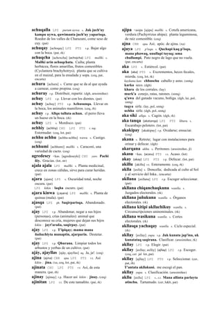 achuqalla LPZ purum uywa. s. Juk juch'uy
kampu uywa, quwimanta juch'uy yaparisqa.
Roedor de los valles de Charazani, come seso de
cuy. (pat)
achuqay [achoqay] LPZ PTS r.p. Bajar algo
con la boca. (pat, rk)
achuqcha [achoxcha] (achojcha)	
  	
  LPZ mallki. s.
Mallki urin achuqchata. Caiba; planta
herbácea, flores amarillas, frutos comestibles
(Cyclantera brachyhotrys); planta que se cultiva
en el maizal, para la ensalada y sopa. (ceq, pat,
encarta)
achura [achura] s. Carne que se da al que ayuda
a carnear, como propina. (ceq)
achuray r.p. Distribuir, repartir. (dgh, arusimiñee)
achuy LPZ r.p. Llevar con los dientes. (pat)
achuy [achuy] PTS r.p. Achusunqa. Llevar en
la boca, los animales mamíferos. (ceq, rh)
achuy r.p. Allqu tulluta achun. el perro lleva
un hueso en la boca. (rk)
achuy LPZ s. Mordisco. (pat)
achhiy (achhiy)	
  	
  CHU LPZ PTS r. mp.
Estornudar. (ceq, lot, pat)
achhu achhu [achhu-achhu] wawa. s. Castigo.
(ceq)
achhumi [achhumi] mallki. s. Caracoré, una
variedad de cacto. (ceq)
agredesey <kas. [agredeseyki] CHU yaw. Pachi
ñiy. Gracias. (lot, str)
ajala ajala LPZ mallki. s. Planta medicinal,
crece en zonas cálidas, sirve para curar heridas.
(pat)
ajara [ajara] LPZ s. Oscuridad total, noche
oscura. (pat)
LPZ kikin : laqha oscuro. (pat)
ajara kinwa (¿ayara)	
  	
  LPZ mallki. s. Planta de
quinua (mala). (pat)
ajasqa LPZ ph. Saqirparisqa. Abandonado.
(pat)
ajay LPZ r.p. Abandonar, negar a sus hijos
(personas), crías (animales): animal que
desconoce su cría, mujeres que dejan sus hijos
kikin : jayt'araña, saqirpay. (pat)
ajay LPZ r.p. T'ipiqay; mama mana
ñuñuchiyta munaptin, ajarparin. Destetar.
(pat)
ajay LPZ r.p. Qhurana. Limpiar todos los
arbustos y yerbas de un cultivo. (pat)
ajáy, ajayllas [ajáy, ajayllas] aq. Ja, ja!. (ceq)
ajina (ajina)	
  	
  CBB ajna LPZ PTS r.t. Así
kikin : jina. (xa, ceq, lot, pat, rk)
ajinata CHU LPZ PTS r.t. Así, de esta
manera. (pat, rh)
ajinay [ajinay] r.p. Hacer así kikin : jinay. (ceq)
ajinitan LPZ r.t. De este tamañito. (pat, rk)
ajipa <asipa [ajipa] mallki. s. Cotufa americana,
verdura (Pachyrrizus ahipa); planta leguminosa,
de raíz comestible. (ceq)
ajna CBB ajna Así; apóc. de ajina. (xa)
ajuya LPZ p'isqu. s. Quchapi kaq p'isqu,
mana phawaq, unullapi tuyuq; uma
chullumpi. Pato negro de lago que no vuela.
(pat, encarta)
aka LPZ s. Estiércol. (pat)
aka (aka)	
  	
  PTS s. Excrementos, heces fecales,
mierda. (ceq, lot, rk)
kaykuna kan: chhuschu caballo y asno. (smtq)
karka seco. (dgh)
khara de los corrales. (lay)
murk'a conejo, ratas, ratones. (smtq)
q'awa del ganado vacuno, boñiga. (dgh, lai, pol,
smtq)
taqya sirle. (lay, pol, smtq)
uchha sirle. (dgh, pol, smtq)
aka siki allqu. s. Cagón. (dgh, rk)
aka tanqa (akatanqa)	
  	
  LPZ PTS khuru. s.
Escarabajo pelotero. (lot, pat)
akakipay [akakipay] r.p. Oxidarse; ensuciar.
(ceq)
akana s. Retrete; lugar con instalaciones para
orinar y defecar. (dgh)
akarqana ukhu. s. Peritoneo. (arusimiñee, jl)
akasu <kas. (acasu)	
  	
  PTS r.t. Acaso. (lot)
akay (akay)	
  	
  LPZ PTS r.p. Defecar. (lot, pat)
akillu [akillu] r.t. Enteramente. (ceq, rk)
aklla [axlla] s. Doncella; dedicada al culto al Sol
y al servicio del Inka.. (encarta)
akllana [axllana] LPZ r.p. Escoger seleccionar.
(pat)
akllana chiqanchaqkuna wanlla. s.
Juzgados electorales. (rk)
akllana juñukuna wanlla. s. Órganos
electorales. (rk)
akllana kitipi akllachikuy wanlla. s.
Circunscripciones uninominales. (rk)
akllana wasikuna wanlla. s. Cortes
electorales. (rk)
akllasqa yachaqay wanlla. s. Ciclo especial.
(rk)
akllay [axllay] yupa. r.p. Juk kunata jap'ina, uk
kunatataq saqirana. Clasificar. (arusimiñee, rk)
akllay LPZ r.p. Elegir. (pat)
akllay [axllay; axlliy] (ajllay)	
  	
  LPZ r.p. Escoger.
(ceq, cer jal lot, pat)
akllay [ajllay] LPZ PTS r.p. Seleccionar. (cer,
pat, rh)
T'antata akllakuni. me escogí el pan.
akllay yupa. s. Clasificación. (arusimiñee)
akllu [axllu] LPZ s., s.t. Mana allinta parlayta
atinchu. Tartamudo. (cer, h&h, pat)
 