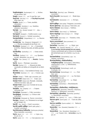 kaqkamapas [kaxkamapas] LPZ y. Incluso
los que tienen. (pat)
kaqta [kaxta] LPZ ranti Lo que hay. (pat)
kaq kay [kax kay] PTS r. Chayllapi kaq kani.
Soler estar. (rk)
kaqka [kaxka ] s.t., s. Tonto, aturdido.
(arusimiñee)
kaqkakuy [kaxkakuy ] r. mp. Aturdirse,
atontarse. (arusimiñee)
karaju <kas. [karaju] (carajo)	
  	
  PTS allqu. s.
Carajo. (lot)
karaparí [karaparí] s. Cardón (cacto). (ceq)
karayni [karayni ] s. Actitud. (arusimiñee)
karguchakuy [karguchakuy] LPZ r.p. Hacerse
cargo. (pat)
karguyuq <kas. [karguyox] (karguyoq")	
  	
  CHU
s.t., s. Persona encargada de una fiesta. (str)
Karijana [karijana] LPZ kiti. s. Comunidad
de la Prov. Bautista Saavedra, de habla quechua.
(pat)
karikullay [karikullay] LPZ r. Estate nomás.
(pat)
karikuy [karikuy] CHU LPZ r. mp. Quedarse
un rato; demorarse. (ceq, pat, str)
karisu <kas. [karisu] LPZ s. Bambú. Carrizo.
(pat)
kariy [kariy] r. Participar. (arusimiñee)
karma [karma] PTS s. Almacén de chala,
construido con tablas en la horquilla de un árbol.
(rh)
karma [karma] s. Una medida de forraje. (ceq)
Karmina [karmina] LPZ suti. s. Carmen. (pat,
rk)
karpa [karpa] s. Toldo. (dgh, arusimiñee, pol)
karpa wasi [karpa wasi] LPZ Carpa. (pat)
karpa wasi [karpa wasi] Ramada; enramada,
cobertizo de ramas. (dgh, pol)
karpa wasi [karpa wasi] Corredor de la casa.
(dgh, arusimiñee)
karpita <kas. [karpita] LPZ s. Carpeta.
(arusimiñee, pat)
karqinpa [karqenpa ] s. Cuña. (arusimiñee)
karqinpay [karqenpay ] r.p. Colocar cuña.
(arusimiñee)
karqusqa [karqusqa] ph. Suceso. (arusimiñee)
karquy [karqoy] r. mp. Permanecer en un lugar
por un tiempo. (rk)
kartil <kas. [kartil] s. Cartel. (arusimiñee)
kartil, qañiy qillqa [kartil, qañiy qelqa ] s.
Carteles. (arusimiñee)
kartisiyanu p'alltacha [kartisiyanu p'altacha]
Plano cartesiano. (arusimiñee)
karu (karu)	
  	
  CHU LPZ PTS r.t. Lejos. (ceq,
lot, pat, rh, str)
karu (caro)	
  	
  CHU PTS s.t. Caro (precios). (str)
karu kay [karu kay] yupa. Distancia.
(arusimiñee)
karu kaynin [karu kaynin] LPZ Desde lejos.
(pat)
karumanta [karumanta] LPZ r.t. De lejos.
(pat)
karu qillqa [karu qelqa] Telegrama. (arusimiñee)
Karu qhaway [karu qhaway] Televisión. (ab)
karu rimana [karu rimana] s. Teléfono.
(arusimiñee)
karu rimay [karu rimay] r.p. Telefonear.
karu riqsisqa [karu rexsisqa] LPZ Amigo
lejano. (pat)
karu runa [karu runa] LPZ Forastero, visita.
(arusimiñee, pat)
karu yawarmasi [karu yawarmasi] LPZ
Pariente lejano. (pat)
karuchay [karuchay] LPZ r.p. Alejar. (pat)
karuna <kas. [karuna] (karuna)	
  	
  LPZ PTS s.
Uywa karuna, karuna patapi karyata apana.
Carona, acolchonado que se coloca en la espalda
del animal para que no se lastime. (ceq, lot, pat,
rk)
karunchakuy [karunchakuy] yupa. r.ku
Alejarse. (arusimiñee)
Karunchakuy, chakuchakuy,
wakjinayaykuy [karunchakuy, chakuchakuy,
wakjinayaykuy ] yacha. r.p. Diferenciarse.
(arusimiñee)
karunchasqa [karunchasqa] wanlla. ph.
Confinado. (rk)
karunchasqa [karunchasqa] LPZ s.t., s. Está
lejos. (pat)
karunchay [karunchay] LPZ r. mp. Irse lejos;
tomar distancia. (pat)
karunchay (karunchay)	
  	
  PTS r.p. Alejar.
(arusimiñee, ceq, gro, lot)
karunchay [karunchay] s. Discriminación.
(arusimiñee)
karunchay, chakuchay, wakjinayay,
jukjinayay [karunchay, chakuchay, wakjinayay,
ujjinayay] r.p. Diferenciar. (arusimiñee)
karunchay, qisachay [karunchay, qesachay]
r.p. Discriminar. (arusimiñee)
karwa <kas. [karwa] LPZ uywa. s. Cabra. (pat)
karwa qara [karwa qara] LPZ Cuero de cabra.
(pat)
karwa sunkha [karwa sunkha] LPZ Barba de
cabra. (ceq, pat)
kasaraku <kas. [kasaraku] (kasaraku)	
  	
  PTS s.
Boda. (lot)
kasarakuy <kas. [kasarakuy] (kasarakuy)	
  	
  LPZ
PTS r. mp. Casarse kikin : sawarakuy. (ceq, lot,
pat, str)
 