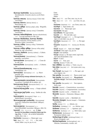 Kawsay kutirichiy [kawsay kutirichiy]
Enculturación. (Creación colectiva con Dr Pedro
Plaza)
kawsay muyuy [kawsay muyuy] Ciclo vital.
(arusimiñee)
kawsay ñawra [kawsay ñawra] s.t.
Pluricultural. (rk)
kawsay qillqa [kawsay qelqa] qillqa. Biografía.
(arusimiñee)
kawsay ruway [kawsay ruway] Costumbre.
(arusimiñee)
kawsay tukuchiqkuna [kawsay tukuchixkuna]
LPZ Los que terminan la vida. (pat)
kawsay thatkichay, kawsay thatkiy
[kawsay thaskichay, kawsay thaskiy] pacha.
Procesos vitales. (arusimiñee)
kawsay willay [kawsay willay] Testimonio.
(arusimiñee)
kawsay willay qillqa [kawsay willay qelqa]
Diario de vida. (arusimiñee)
kawsay, kultura [kawsay, kultura] s. Cultura.
(arusimiñee)
kawsaykamay [kawsaykamay] s. Ciencias
naturales. (arusimiñee)
kawsaykuna [kawsaykuna] LPZ s. Cosas de
la vida. (pat)
kawsaykuna [kawsaykuna] wanlla. s. Culturas.
(rk)
kawsaykunakamayuq musuq. s.
Antropólogo. (rk)
kawsaykuy [kawsaykuy] LPZ r.p. Hacer
amistad. (pat)
Yachayniyuq runaqa atinman kawsayta.. (rk,
trbk)
Kawsaymanta yuyaykuna [kawsaymanta
yuyaykuna] Conceptos de la cultura. (ab)
kawsaynaq (kaq) [kawsaynax (kax)] LPZ s.t.,
s. El rige la vida. (pat)
kawsayniyuq-juñu musuq. s. Grupo cultural.
(rk)
kawsaypa jap'iynin musuq. Ámbito de vida.
(rk)
kawsaypura [kawsaypura] llaqta. s.t., s.
Multicultural. (arusimiñee)
Kawsaypurapi yachachiy [kawsaypurapi
yachachiy] Educación intercultural. (Márquez,
2004: 37)
kawsaypuray [kawsaypuray] s.t., s.
Interculturalidad. (arusimiñee, (Márquez, 2004: 58)
kawsiri CBB, Anzaldo suti. Y chay
kawsiri-ta-taq qhipa-n-man[ta] balea-spa ka-
rqa, ñi-n. Y a ese…de su detrás baleándole
estaba, dice. (v&c )
kaykama [kaykama] r.t. Hasta aquí. (ceq)
kay [kay] CHU LPZ PTS r. Ser, estar,
existir, haber. (ceq, lot, pat, rh, str)
Estar.
Existir.
Haber.
kay [kay] PTS ranti Éste, esta. (ceq, lot, rh)
kay [kay] CHU LPZ PTS ranti Esto. (lot, pat,
str)
kaykuna [kaykuna] PTS ranti Estos, estas. (rk)
kayllapi r.t. Aquí nomás. (rh)
kayman LPZ Hacia aquí. (pat)
kaymanta De aquí.
kaynillanta Por aquí nomás.
kaynin LPZ Por este lado. (pat)
kayñiqpi [kaynejpi] LPZ r.t. Por aquí (estar
algo); en este lado. (ceq, pat, rh)
kayñiqta [kaynexta] LPZ PTS r.t. Por aquí.
(pat, rh)
kaypata [kaypaxta] PTS rikuchiq ranti De éste,
ésto ...
kaypi [kaypi] LPZ Aquí, acá; kaypi
kachkani estoy aquí. (ceq, pat, rh)
kaypis Esto también.
kayqa [kayqa] aq. He aquí, toma!; aquí está;
aquí está (alcanzando). (ceq)
kayrí Y esto?.
kayta LPZ Esto. (pat)
kaytaq [kaytax] Y esto. (rk)
kay chhika [kay chhika] s.t Tanto. (ceq, rk)
kay jina [kay jina] LPZ Así (como esto). (ceq,
pat, rk)
kay kaypi [kay kaypi] PTS s. Por aquí; por
estos lugares. (rk)
kay pacha [kay pacha] LPZ Época actual. (pat)
kay pacha [kay pacha] LPZ Maypichuch
kanchik chaypi. Esta tierra donde habitamos.
(pat)
kay pacha [kay pacha] LPZ Este espacio,
tierra. (pat)
kaynin [kaynin] s. Características. (arusimiñee)
kaynin [kaynin] s. Comportamiento. (arusimiñee)
kaynin [kaynin] wanlla. s. Estatuto. (rk)
Kaynin [kaynin] s. Estructura. (Márquez, 2004:
42)
kaynin [kaynin] wanlla. s. Identidad. (rk)
Kaynin, kasqan [kaynin, kasqan] s. Estructura.
(arusimiñee)
kicha [kicha] PTS s.t. Abierto. (rk)
kichakuy [kichakuy] LPZ r.ku Abrirse. (pat)
kichana [kichana] LPZ s. Apertura. (pat)
kicharay [kicharay] LPZ r.p. Abrir todo,s. (pat)
kicharayay [kicharayay] LPZ r. mp.
Permanecer abierto. (pat)
kicharisqa k'uchu [kicharisqa k'uchu] LPZ
Rincón destapado. (pat)
Kicharisqakuna [kicharisqakuna] simi. s.
Abiertas, consonantes, vocales. (ab)
 