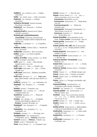 kulijiwu <kas. [kulijiwu] yacha. s. Colegio.
(arusimiñee)
kultu <kas. [kultu] sunqu. s. Culto. (arusimiñee)
kultural <kas. [kultural] s.t. Cultural.
(arusimiñee)
kuluniya ñawpaqi [kuluniya ñawpaqe]
Precolonial. (arusimiñee)
kuluniyal <kas. [kuluniyal] s.t. Colonial.
(arusimiñee)
kuluniyal mit'a [kuluniyal mit'a] Época
colonial. (arusimiñee)
Kuluniyapi yachachinamanta
yuyaykuna [kuluniyapi yachachinamanta
yuyaykuna] Conceptos sobre la educación en la
colonia. (ab)
kullachiy [ ] (kullachiy)	
  	
  PTS r.p. Cosquillear.
(lot)
kullana, kullay [kullana, kullay ] s. Sentido del
tacto. (arusimiñee)
kullancha [kullancha] s. Red. (arusimiñee)
kullay [kullay ] r. mp. Sentir cosquillas.
(arusimiñee)
kullay, k'awllay [kullay, k'awllay] r. mp. Sentir
(como el cuerpo). (arusimiñee)
kulli (kulli)	
  	
  PTS mallki. s. Maíz morado;
morado oscuro. (ceq, jl, lot)
kulli [kulli] LPZ llimp'i. s.t. Morado. (pat)
kulli aqha [kulli aqha] LPZ aqha. s. Chicha
morada. (pat)
kulli runa [kulli runa] s. Diligente, incansable.
(arusimiñee)
kulli sara (kulli	
  sara)	
  	
  LPZ PTS Puka yana
sara. Maíz morado; maíz rojo muy obscuro. (jl,
lot, pat)
kulliyay [kulliyay] PTS r. mp. Amoratarse. (rk)
kumagri <kas. [kumagri] CHU s. Comadre.
(str)
kumba [komba] s. Cantonera. (ceq)
kumbrira <kas. [<cumbre] PTS s. Pico de
montaña (ritual). (rh)
kumbrira [kumbrira] LPZ s. Planta del
mojinete. (pat)
kumpa <kas. [kumpa] CHU s. Compadre
(término para dirigirse a alguien). (str)
kumpay [kumpáy] Mi amigo. (rk)
kumpagri <kas. [kumpagri] CHU s. Compadre.
(str, rk)
kumpañay <kas. [kompañay] CHU r.p.
Acompañar. (str)
kumpay [kumpay] LPZ s. Mi amigo. (pat)
kumputarura <kas. [kumputarura] s.
Computadora qhaway : ñiqichaq. (arusimiñee)
kumuri [kumuri] s. Mikhuna. Vitualla. (ceq)
-kuna [-kuna] k' Pluralizador. (rk)
kuna [kuna] (kunay)	
  	
  LPZ r.p. Encargarse. (pat)
kunan [kunan] LPZ r.t Hoy día. (pat)
kunan [kunan] (kunan)	
  	
  CHU PTS yupa. r.t.
Ahora. (arusimiñee, ceq, lot, rh, str, trbk)
kunankama Hasta ahora. (ceq, rh)
kunanmanta [kunanmanta] LPZ Desde ahora.
(ceq, pat)
kunanmantapacha LPZ Desde este
momento. (pat)
kunanpacha [kunanpacha] (kunampacha)	
  	
  LPZ
Ahora mismo. (ceq, pat, rh)
kunanraq [kunanrax] LPZ Recién. (pat)
PTS Recién ahora. (rk)
kunan kunallan en ese momento, en ese
punto Cunan cunallan. En este punto.. (dgh, rk)
kunan pacha [kunan pacha] LPZ Tiempo
actual. (pat, rk)
kunan pacha (-ni, -nki, -n ..) [kunan pacha
(-ni, -nki, -n ..)] simi. Tiempo presente (verbal).
(arusimiñee)
kunan paqarin [kunan paqarin] LPZ Esta
mañana. (ceq, pat)
kunan p'unchaw [kunan p'unchay] LPZ PTS
r.t. Hoy día. (rh)
kunan p'unchaw ruwaykuna musuq.
Moderno. (rk)
kunan tuta [kunan tuta] LPZ PTS r.t. Noche,
esta. (ceq, pat)
kunawa, kunaq [kunawa, kunax] s. Consejero.
(arusimiñee)
kunay [kunay] LPZ r.p. Mandar encargo. (pat)
kunay [kunay] yacha. s. Consejo. (arusimiñee)
kunay [kunay ] yupa. r.p. Aconsejar. (dgh,
arusimiñee)
kunay [kunay ] r.p. Encargar, encomendar. (dgh,
arusimiñee)
kunaykuchikuy [kunaykuchikuy ] r.ku
Aconsejarse, pedir consejo. (arusimiñee)
kuncha <kas. [kuncha] LPZ s. Concha. (pat)
kuncha palatu <kas. [kuncha palatu] LPZ
Plato de concha (pat)
kunitan <kunan + kas. it, juch'uychaq [kunitan]
CHU LPZ PTS r.t. Ahorita; ahora mismo
(ceq, gro, pat, rh, str)
kunka [kunka] LPZ ukhu. s. Cogote (pat)
kunka (kunka)	
  	
  LPZ PTS s. Cuello (ceq, lot,
pat, rh)
kunka q'iwiy [kunka q'ewiy] r.p. Matar gallinas
y otras aves retorciéndoles el cuello (dgh)
kunkachay [kunkachay] CHU r.p. Poner cuello
a prendas de vestir
kunkachay [kunkachay] LPZ r.p. Terminar
(pat)
kunkasapa [kunkasapa] CHU LPZ s.t.
Cuellilargo (pat)
 