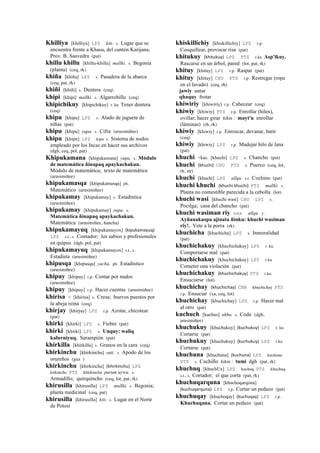 Khilliya [khilliya] LPZ kiti. s. Lugar que se
encuentra frente a Khasu, del cantón Karijana,
Prov. B. Saavedra (pat)
khillu khillu [khillu-khillu] mallki. s. Begonia
(planta) (ceq, rk)
khiña [khiña] LPZ s. Pasadera de la abarca
(ceq, pat, rk)
khiñi [khiñi] s. Dentera (ceq)
khipi [khipi] mallki. s. Algarrobillo (ceq)
khipichikuy [khipichikuy] r. ku Tener dentera
(ceq)
khipu [khipu] LPZ s. Atado de juguete de
niñas (pat)
khipu [khipu] yupa. s. Cifra (arusimiñee)
khipu [khipu] LPZ kipu s. Sistema de nudos
empleado por los Incas en hacer sus archivos
(dgh, ceq, pol, pat)
Khipukamana [khipukamana] yupa. s. Módulo
de matemática ñinapaq apaykachakun.
Módulo de matemática; texto de matemática
(arusimiñee)
khipukamasqa [khipukamasqa] ph.
Matemático (arusimiñee)
khipukamay [khipukamay] s. Estadística
(arusimiñee)
khipukamay [khipukamay] yupa. s.
Matemática ñinapaq apaykachakun.
Matemática (arusimiñee, ñancha)
khipukamayuq [khipukamayox] (kipukamayuq)	
  	
  
LPZ s.t., s. Contador; los sabios y profesionales
en quipus (dgh, pol, pat)
khipukamayuq [khipukamayox] s.t., s.
Estadista (arusimiñee)
khipusqa [khipusqa] yacha. ph. Estadístico
(arusimiñee)
khipuy [khipuy] r.p. Contar por nudos
(arusimiñee)
khipuy [khipuy] r.p. Hacer cuentas (arusimiñee)
khirisa < [khirisa] s. Cresa; huevos puestos por
la abeja reina (ceq)
khirjay [khirjay] LPZ r.p. Azotar, chicotear
(pat)
khirki [khirki] LPZ s. Fiebre (pat)
khirki [khirki] LPZ s. Unquy: waliq
kalurniyuq. Sarampión (pat)
khirkilla [khirkilla] s. Granos en la cara (ceq)
khirkinchu [khirkinchu] suti. s. Apodo de los
orureños (guz )
khirkinchu [khirkinchu] (khirkinchu)	
  	
  LPZ
kirkincho PTS khirkinchu purum uywa. s.
Armadillo; quirquincho (ceq, lot, pat, rk)
khirusilla [khirusilla] LPZ mallki. s. Begonia;
planta medicinal (ceq, pat)
khirusilla [khirusilla] kiti. s. Lugar en el Norte
de Potosí
khiskillichiy [khiskillichiy] LPZ r.p.
Cosquillear, provocar risa (pat)
khitukuy (khitukuy)	
  	
  LPZ PTS r.ku Asp'ikuy.
Rascarse en un árbol, pared (lot, pat, rk)
khituy [khituy] LPZ r.p. Raspar (pat)
khituy [khituy] CHU PTS r.p. Restregar (ropa
en el lavado) (ceq, rh)
jawiy untar
qhaquy frotar
khiwiriy [khiwiriy] r.p. Cabecear (ceq)
khiwiy [khiwiy] PTS r.p. Enrollar (hilos),
ovillar; hacer girar kikin : mayt'u enrollar
(láminas) (rh, rk)
khiwiy [khiwiy] r.p. Enroscar, devanar, batir
(ceq)
khiwiy [khiwiy] LPZ r.p. Madejar hilo de lana
(pat)
khuchi <kas. [khuchi] LPZ s. Chancho (pat)
khuchi (khuchi)	
  	
  CHU PTS s. Puerco (ceq, lot,
rh, str)
khuchi [khuchi] LPZ allqu. s.t. Cochino (pat)
khuchi khuchi (khuchi	
  khuchi)	
  	
  PTS mallki. s.
Planta no comestible parecida a la cebolla (lot)
khuchi wasi [khuchi wasi] CHU LPZ s.
Pocilga; casa del chancho (pat)
khuchi wasiman riy sxx allqu. y.
Ayñanakuspa ajinata ñinku: khuchi wasiman
riy!. Vete a la porra (rk)
khuchicha [khuchicha] LPZ s. Inmoralidad
(pat)
khuchichakuy [khuchichakuy] LPZ r. ku
Comportarse mal (pat)
khuchichakuy [khuchichakuy] LPZ r.ku
Cometer una violación (pat)
khuchichakuy (khuchichakuy)	
  	
  PTS r.ku
Ensuciarse (lot)
khuchichay (khuchichay)	
  	
  CBB khuchichay PTS
r.p. Ensuciar (xa, ceq, lot)
khuchichay [khuchichay] LPZ r.p. Hacer mal
al otro (pat)
kuchuch [kuchus] ukhu. s. Codo (dgh,
arusimiñee)
khuchukuy [khuchukuy] (kuchukuy)	
  	
  LPZ r. ku
Cortarse (pat)
khuchukuy [khuchukuy] (kuchukuy)	
  	
  LPZ r.ku
Cortarse (pat)
khuchuna [khuchuna] (kuchuna)	
  	
  LPZ kuchuna
PTS s. Cuchillo kikin : tumi dgh (pat, rk)
khuchuq [khuchUx] LPZ kuchuq PTS khuchuq
s.t., s. Cortador; el que corta (pat, rk)
khuchuqarquna [khuchoqarqona]
(kuchuqarquna)	
  	
  LPZ r.p. Cortar un pedazo (pat)
khuchuqay [khuchoqay] (kuchuqay)	
  	
  LPZ r.p.
Khuchuqana. Cortar un pedazo (pat)
 