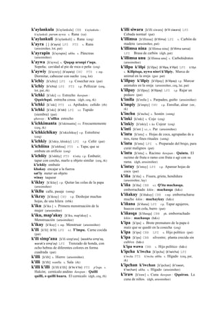 k'aylankula [k'aylankula] CBB k'aylankula -
k'aylankuli purum uywa. s. Rana (xa)
k'aylankuli [k'aylankuli] s. Rana (ceq)
k'ayra [ ] (k'ayra)	
  	
  LPZ PTS s. Rana
(arusimiñee, lot, pat)
k'ayrapin [k'ayrapin] ukhu. s. Páncreas
(arusimiñee)
k'aywa [k'aywa] s. Qaqap uranpi t'uqu.
Sopeña; cavidad al pie de roca o peña (ceq)
k'aywiy [k'aywiy] (k'aywiy)	
  	
  CHU PTS r. mp.
Dormitar, cabecear con sueño (ceq, lot)
k'ichiy [k'ichiy] LPZ r.p. Cosechar oca (pat)
k'ichiy (k'ichiy)	
  	
  LPZ PTS r.p. Pellizcar (ceq,
lot, pat, rh)
k'ichki [k'iski] r.t. Estrecho ñawpan :
Qquichqui. estrecha cossa. (dgh, ceq, rk)
k'ichki [k’iski] PTS s.t. Apiñados; ceñido (rh)
k'ichki [k'iski] (k'iski)	
  	
  LPZ s.t. Tupido
(siembra) (pat)
qhaway : k'ullku estrecho
k'ichkimanta [k'iskimanta] r.t. Frecuentemente
(ceq, rk)
k'ichkichikuy [k'iskichikuy] r.p. Estreñirse
(ceq)
k'ichkiy [k'iskiy, khiskiy] LPZ r.p. Ceñir (pat)
k'ichñina [k'ishñina] PTS s. Tapa; que se
embute en orificio (ceq)
k'ichñiy [k'ishñiy] PTS k'isñiy r.p. Embutir;
tapar con corcho, marlo u objeto similar (ceq, rk)
k'ichñiy embutir
khakay encajar a la fuerza
sat'iy meter un objeto
winay taquear
k'iklay [k'iklay] r.p. Quitar las colas de la papa
(arusimiñee)
k'ikllu calle, pasaje (smtq)
k'ikray [k'ikray] CHU r.p. Deshojar muchas
hojas, de una hilera (trbk)
k'iku [k'iku ] s. Primera menstruación de la
mujer (arusimiñee)
k'iku, map'akuy [k'iku, map'akuy] s.
Menstruación (arusimiñee)
k'ikuy [k'ikuy] r. mp. Menstruar (arusimiñee)
k'ili [k'ili] (k'ili)	
  	
  LPZ s.t. T'impu. Carne cocida
(pat)
k'ili simp'ana [k'ili simp'ana] (waskha	
  simp'ay,	
  
warak'a	
  simp'ay)	
  	
  LPZ Trenzado de honda, con
ocho hebras de diferentes colores en forma
cuadrada (pat)
k'illi [k'illi] s. Hierro (arusimiñee)
k'illi [k'illi] wanlla. s. Sala (rk)
k'illi k'illi [k'illi k'illi] (k'ile	
  k'ile)	
  	
  PTS p'isqu. s.
Halcón; cernícalo andino ñawpan : Quilli
quilli, o quilli huara. El cernicalo (dgh, ceq, rh)
k'illi siwara [k'illi siwara] (k'ili	
  siwara)	
  	
  LPZ
Cebada normal (pat)
k'illimsa [k'illimsa] (k'illima)	
  	
  LPZ s. Carbón de
madera (arusimiñee, pat)
k'illimsa nina [k'illimsa nina] (k'illima	
  sansa)	
  	
  
LPZ Brasa de carbón (dgh, pat)
k'illimsa unu [k'illimsa unu] s. Carbohidratos
(arusimiñee)
k'illpa k'illpi [k'illpa] (k'illpa,	
  k'illpi)	
  	
  LPZ k'illpi
s. Killpisqa, uywa ninri k'illpiy. Marca de
animal en la oreja (guz pat)
k'illpay k'illpiy [k'illpay] (k'illpay)	
  	
  r.p. Marcar
animales en la oreja (arusimiñee, ceq, lai, pat)
k'illpay [k'illpay] (k'illpay)	
  	
  LPZ r.p. Rajar un
pedazo (pat)
k'imlla [k'imlla ] s. Parpadeo, guiño (arusimiñee)
k'impiy [k'impiy] CHU r.p. Enrollar, alzar (str,
rk)
k'inchu [k'inchu] s. Sostén (smtq)
k'inki [k'inki] s. Cojo (ceq)
k'inkiy [k'inkiy] r. ku Cojear (ceq)
k'inti [k'inti ] s.t., s. Par (arusimiñee)
k'intu [k'intu] s. Hojas de coca, agrupadas de a
tres, tiene fines rituales (smtq)
k'intu [k'intu] LPZ s. Preparado del brujo, para
curar malignos (pat)
k'intu [k'intu] s. Racimo ñawpan : Quintu. El
razimo de fruta o ramo con fruta o agi con su
rama. (dgh, arusimiñee)
k'intuy [k'intuy] LPZ r.p. Aparear hojas de
coca (pat)
k'iña [k'iña] s. Fisura, grieta, hendidura
(arusimiñee, lay)
k'iña [k'iña] CBB s.t. Q'ita machasqa.
emborrachado kikin : machasqa (h&s)
k'iñakuy [k'iñakuy] CBB r.mp. emborracharse
mucho kikin : machaykuy (h&s)
k'iñana [k'iñana] LPZ r.p. Tapar agujeros,
huecos con cola, barro (pat)
k'iñasqa [k'iñasqa] CBB ph. emborrachado
kikin : machasqa (h&s)
k'ipa [k'ipa] s. Brote prematuro de la papa ó
maíz que se quedó en la cosecha (ceq)
k'ipa [k'ipa] CBB LPZ s. Hijo político (pat)
k'ipa [k'ipa] CBB silvestre; planta crecida sin
cultivo (h&s)
k'ipa wawa CBB s. Hijo político (h&s)
k'ipcha k'iwcha [k'ipcha] (k'iwicha)	
  	
  LPZ
k'iwcha PTS k'iwcha ukhu. s. Hígado (ceq, pat,
rk)
k'ipchan k'iwchan [k'ipchan] (k’iswan,	
  
k’iwchan)	
  	
  ukhu. s. Hígado (arusimiñee)
k'iraw [k'iraw] s. Cuna ñawpan : Qquirau. La
cuna de niños. (dgh, arusimiñee)
 