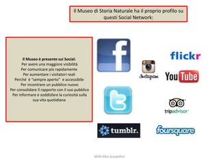 Il Museo di Storia Naturale ha il proprio profilo su
questi Social Network:

Il Museo è presente sui Social:
Per avere una maggiore visibilità
Per comunicare più rapidamente
Per aumentare i visitatori reali
Perché è “sempre aperto” e accessibile
Per incontrare un pubblico nuovo
Per consolidare il rapporto con il suo pubblico
Per informare e soddisfare la curiosità sulla
sua vita quotidiana

MSN Alba Scarpellini

 