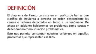 DEFINICIÓN
El diagrama de Pareto consiste en un gráfico de barras que
clasifica de izquierda a derecha en orden descendente las
causas o factores detectados en torno a un fenómeno. De
ahora en adelante hablaremos de problemas como causas y
de fenómeno como situación problemática.
Esto nos permite concentrar nuestros esfuerzos en aquellos
problemas que representan ese 80%.
 
