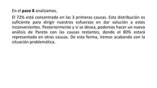 En el paso 8 analizamos.
El 72% está concentrado en las 3 primeras causas. Esta distribución es
suficiente para dirigir nuestros esfuerzos en dar solución a estos
inconvenientes. Posteriormente y si se desea, podemos hacer un nuevo
análisis de Pareto con las causas restantes, donde el 80% estará
representado en otras causas. De esta forma, iremos acabando con la
situación problemática.
 
