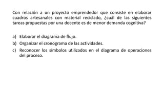 Con relación a un proyecto emprendedor que consiste en elaborar
cuadros artesanales con material reciclado, ¿cuál de las siguientes
tareas propuestas por una docente es de menor demanda cognitiva?
a) Elaborar el diagrama de flujo.
b) Organizar el cronograma de las actividades.
c) Reconocer los símbolos utilizados en el diagrama de operaciones
del proceso.
 