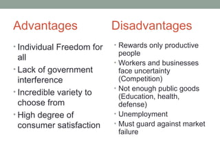 Advantages Disadvantages
• Individual Freedom for
all
• Lack of government
interference
• Incredible variety to
choose from
• High degree of
consumer satisfaction
• Rewards only productive
people
• Workers and businesses
face uncertainty
(Competition)
• Not enough public goods
(Education, health,
defense)
• Unemployment
• Must guard against market
failure
 