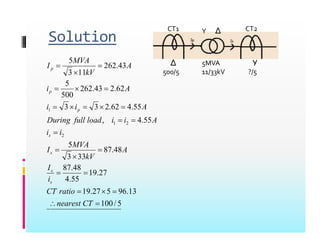 Solution
Y Δ
CT1 CT2
43
.
262
11
3
5


 A
kV
MVA
Ip
5MVA
11/33kV
Δ
500/5
Y
?/5
55
4
62
2
3
3
62
.
2
43
.
262
500
5








A
i
i
A
ip
55
.
4
,
55
.
4
62
.
2
3
3
2
2
1
1








i
i
A
i
i
load
full
During
A
i
i
s
p
27
19
48
.
87
48
.
87
33
3
5



I
A
kV
MVA
I
s
s
5
/
100
13
.
96
5
27
.
19
27
.
19
55
.
4
8
.
87





CT
ratio
CT
is
s
5
/
100

 CT
nearest
 